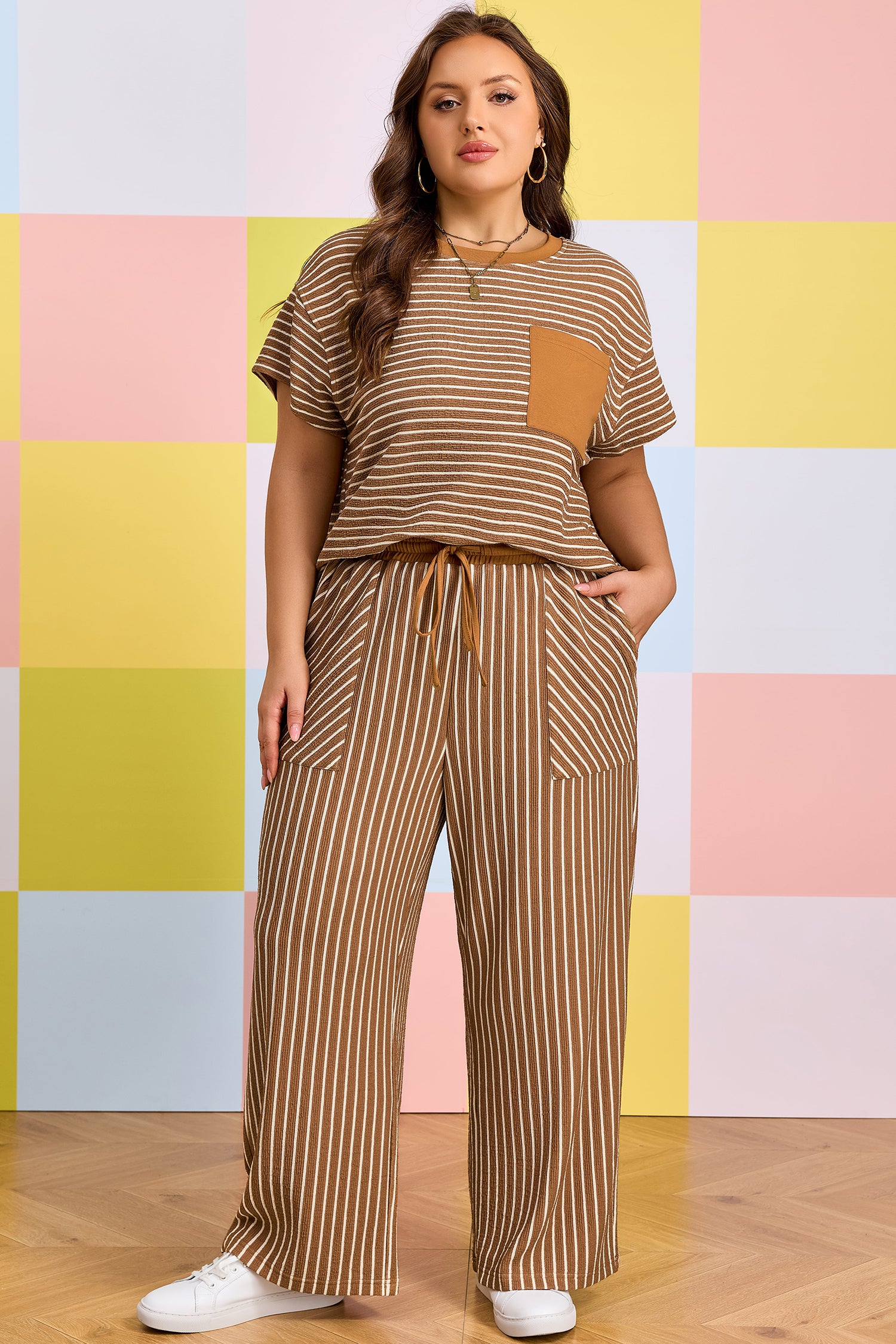 Khaki Stripe Plus Size Striped Colorblock Pocket Lounge Set-Plus Size/Plus Size Loungewear-[Adult]-[Female]-2022 Online Blue Zone Planet