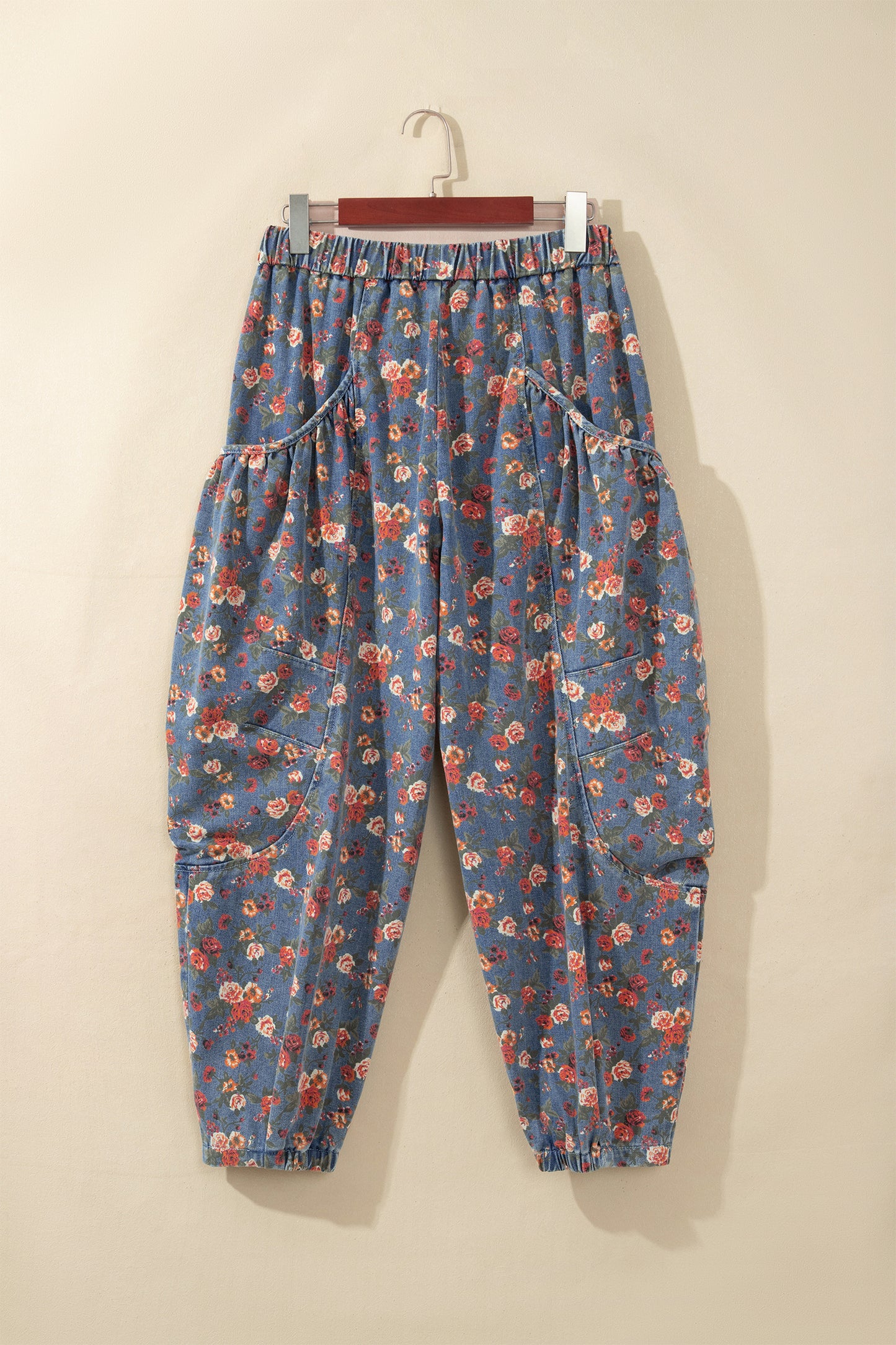 Beau Blue Retro Floral Print Elastic Waist Pocketed Barrel Jeans-Bottoms/Jeans-[Adult]-[Female]-2022 Online Blue Zone Planet