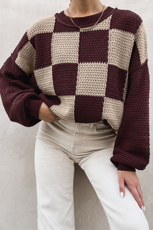 Brown Checkered Pattern Knit Loose Pullover Sweater-Sweaters & Cardigans/Sweaters-[Adult]-[Female]-Brown-S-2022 Online Blue Zone Planet