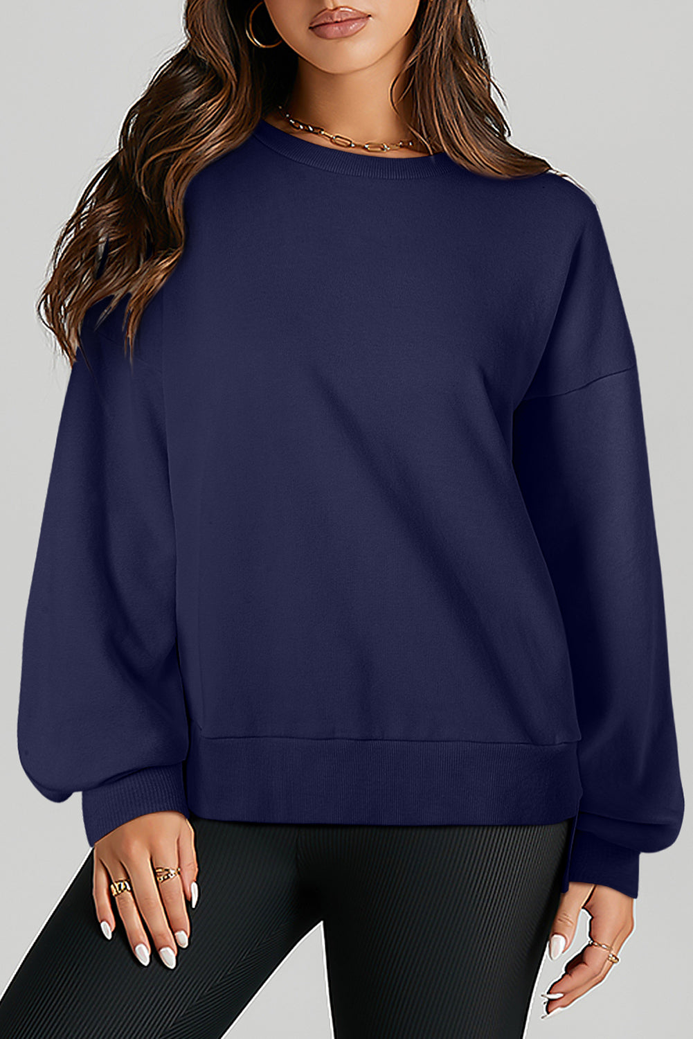 Parchment Solid O Neck High Low Hem Pullover Sweatshirt-Tops/Sweatshirts & Hoodies-[Adult]-[Female]-Navy Blue-S-2022 Online Blue Zone Planet