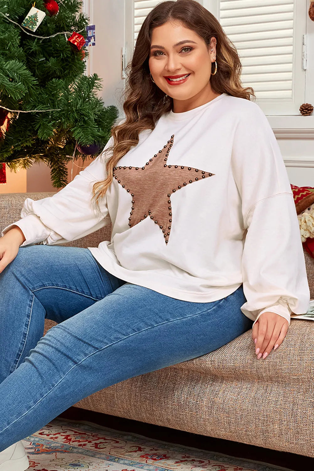 Plus Size Studded Star Round Neck Long Sleeve Blouse-TOPS / DRESSES-[Adult]-[Female]-2022 Online Blue Zone Planet