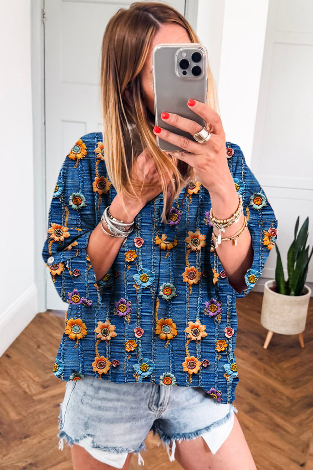 Blue Floral Collared V Neck Roll Up Sleeve Shift Blouse-Tops/Blouses & Shirts-[Adult]-[Female]-2022 Online Blue Zone Planet