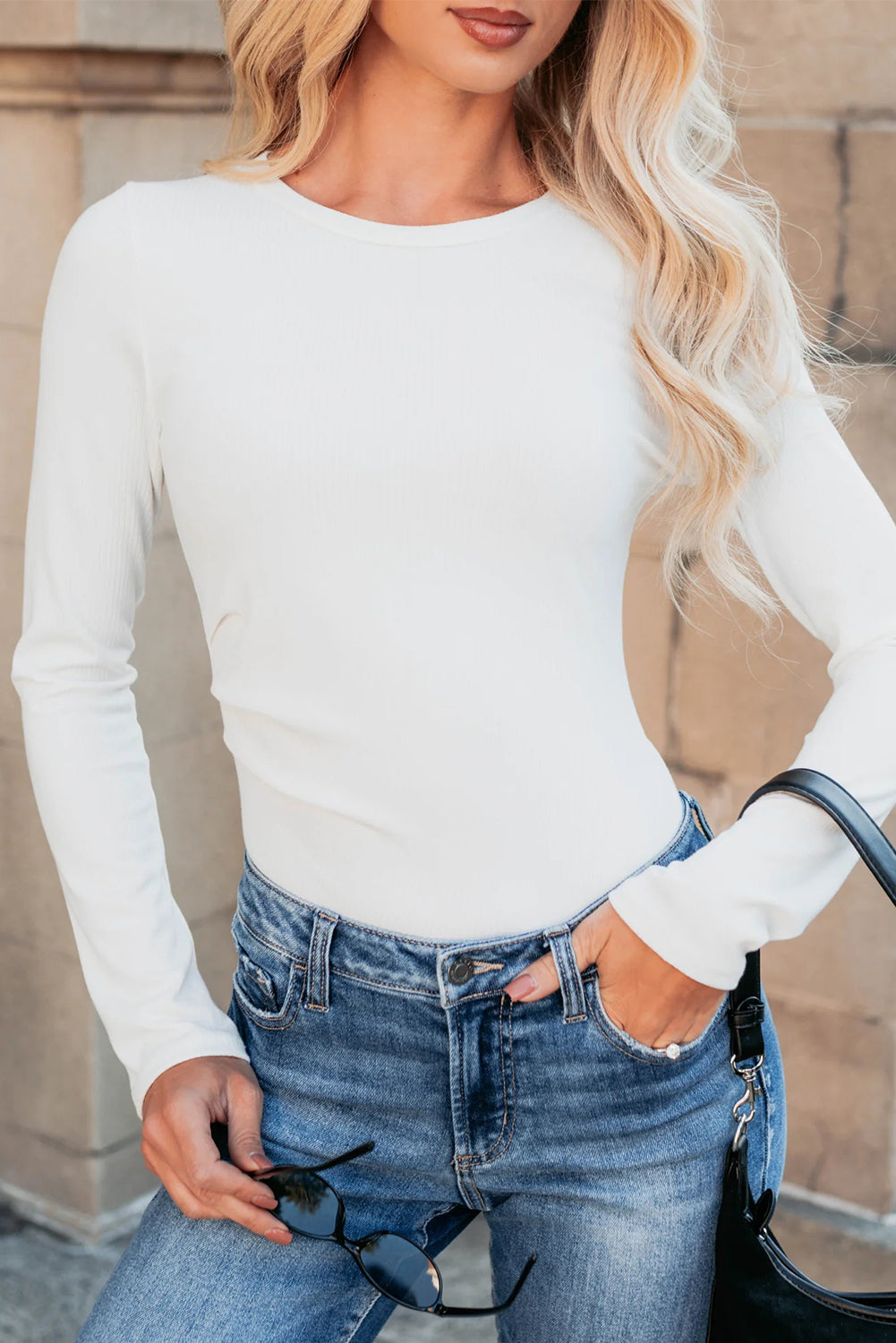 Mineral Red Ribbed Long Sleeve Crew Neck Solid Color Bodysuit