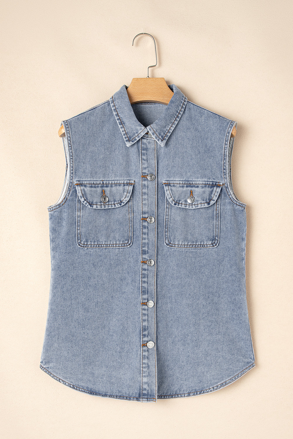 Beau Blue Denim Flap Pocket Curved Hem Shirt Vest-Outerwear/Vests-[Adult]-[Female]-2022 Online Blue Zone Planet