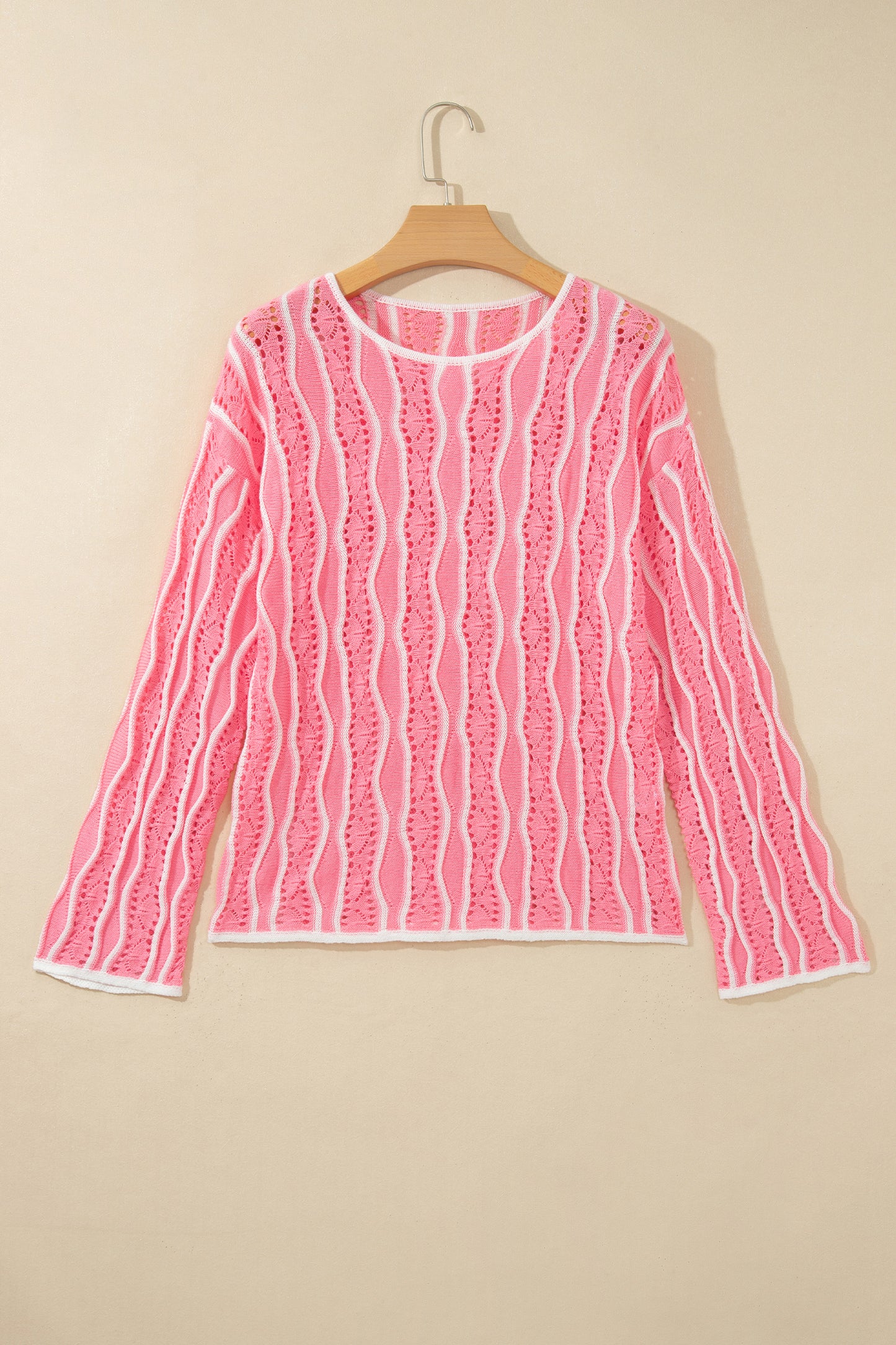 Pink Wavy Detail Hollow Out Knit Long Sleeve Cotton Pullover Sweater-Sweaters & Cardigans/Sweaters-[Adult]-[Female]-2022 Online Blue Zone Planet
