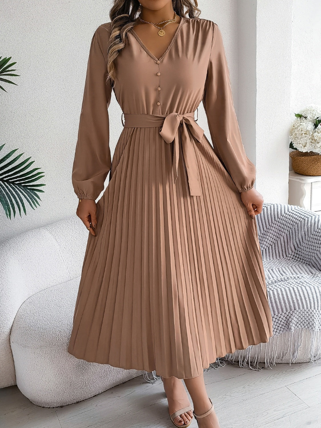 Pleated Tied V-Neck Long Sleeve Dress-TOPS / DRESSES-[Adult]-[Female]-Camel-S-2022 Online Blue Zone Planet