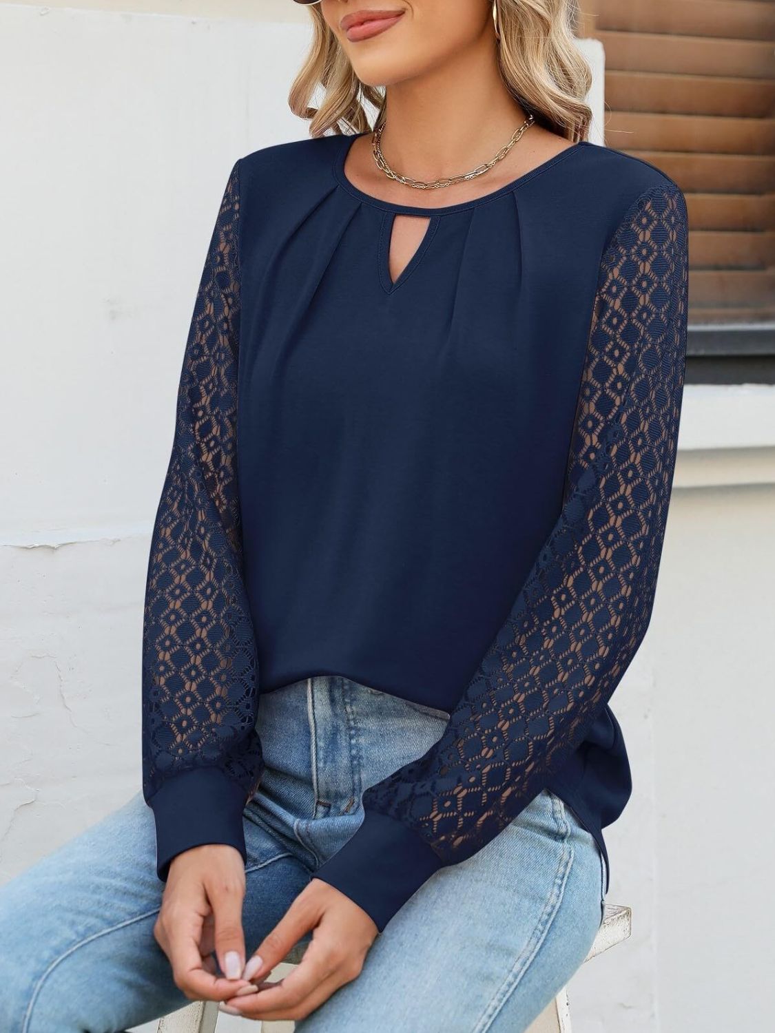 Cutout Round Neck Lace Long Sleeve Blouse-TOPS / DRESSES-[Adult]-[Female]-Navy-S-2022 Online Blue Zone Planet
