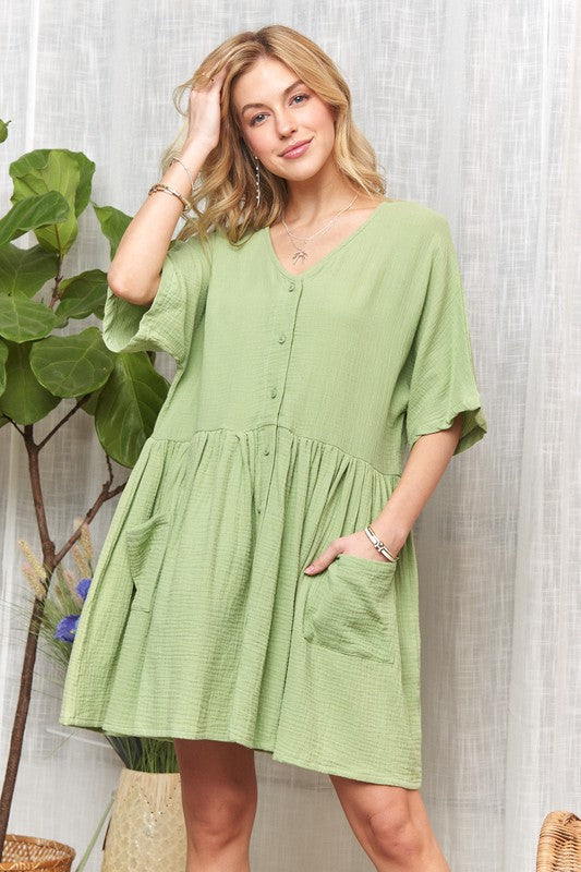 ADORA V-Neck Half Sleeve Dress with Pockets-TOPS / DRESSES-[Adult]-[Female]-DUSTY GREEN-S-2022 Online Blue Zone Planet