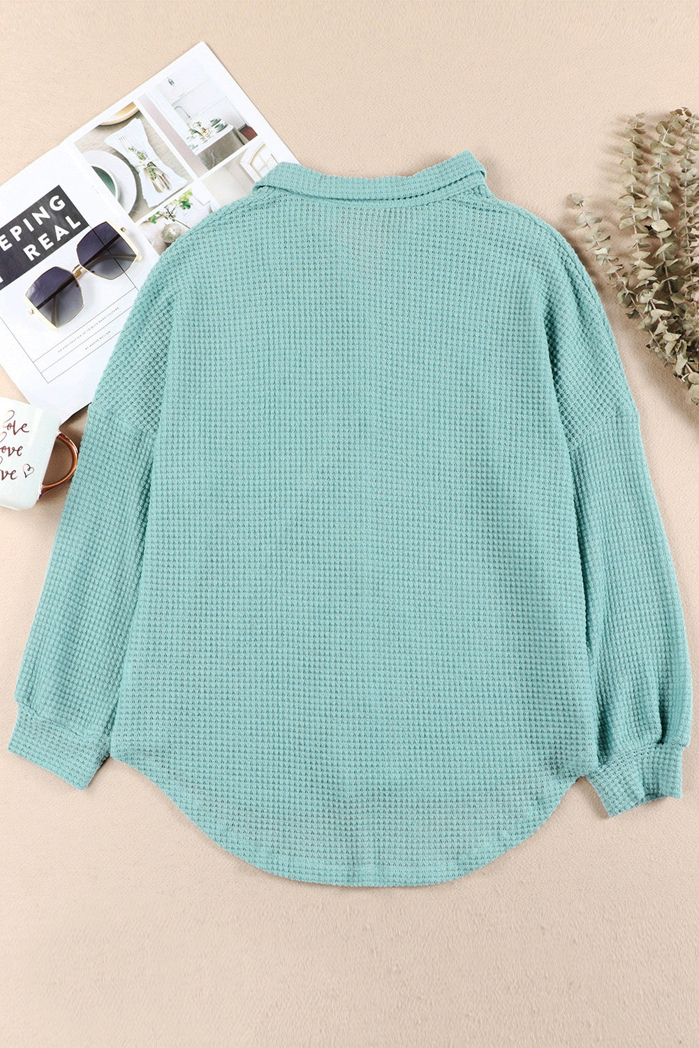 Waffle-Knit Collared Neck Long Sleeve Shirt-TOPS / DRESSES-[Adult]-[Female]-2022 Online Blue Zone Planet