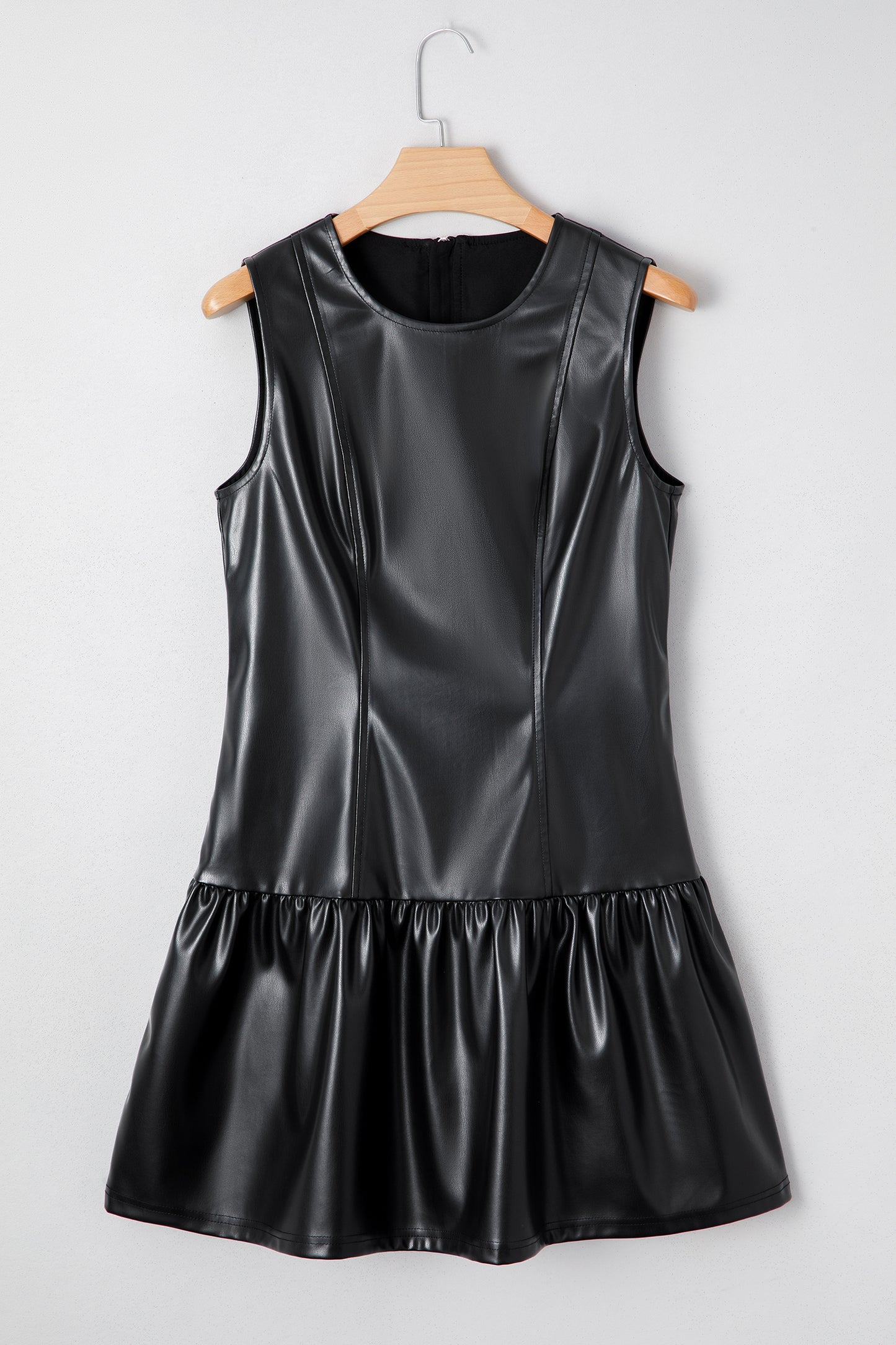 Black Faux Leather Ruffle Hem Sleeveless Mini Dress-TOPS / DRESSES-[Adult]-[Female]-2022 Online Blue Zone Planet