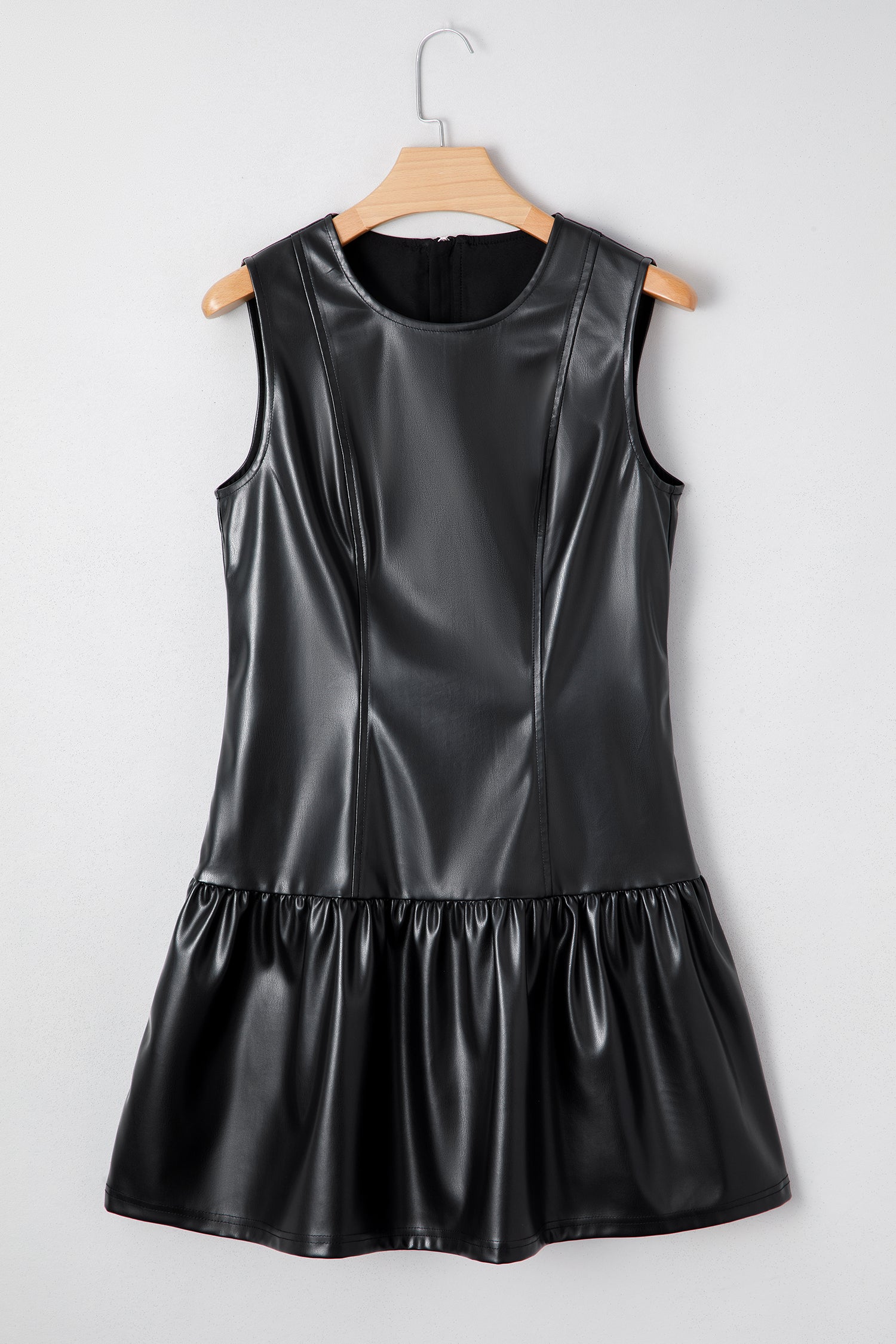 Black Faux Leather Ruffle Hem Sleeveless Mini Dress-TOPS / DRESSES-[Adult]-[Female]-2022 Online Blue Zone Planet