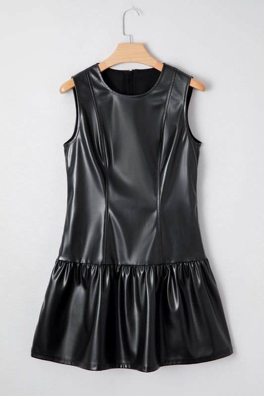 Black Faux Leather Ruffle Hem Sleeveless Mini Dress-TOPS / DRESSES-[Adult]-[Female]-2022 Online Blue Zone Planet
