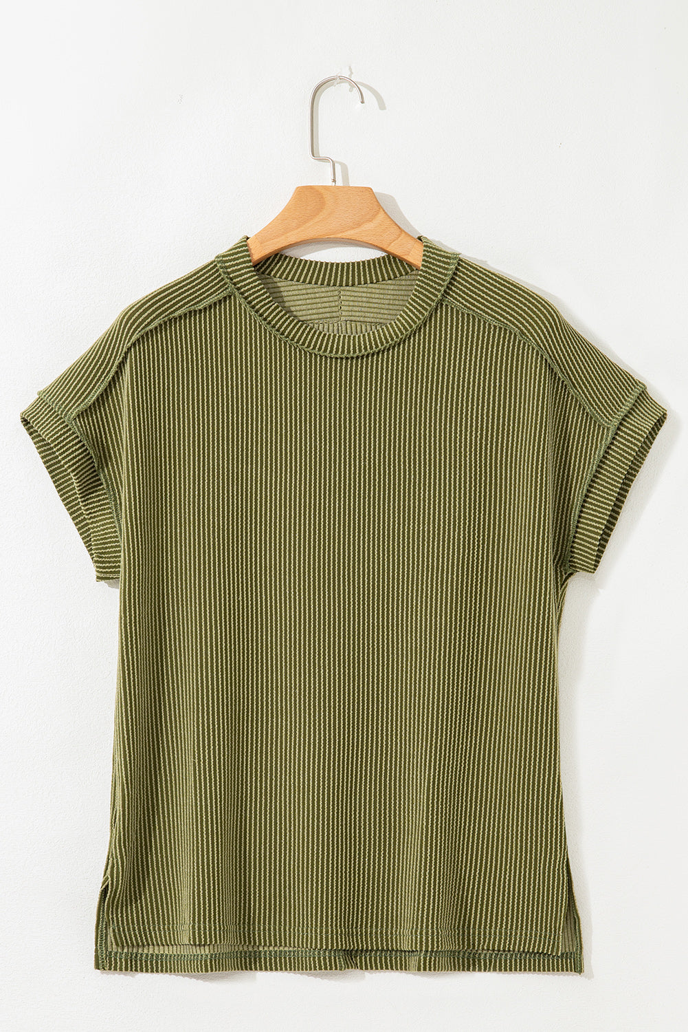 Jungle Green Textured Knit Exposed Stitching T-Shirt-Tops/Tops & Tees-[Adult]-[Female]-2022 Online Blue Zone Planet