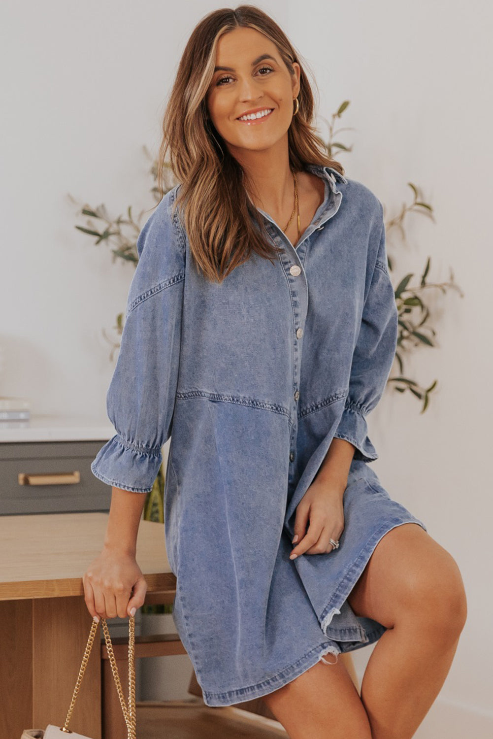 Blue Zone Planet | Sky Blue Buttoned Long Sleeve Denim Mini Dress-TOPS / DRESSES-[Adult]-[Female]-2022 Online Blue Zone Planet