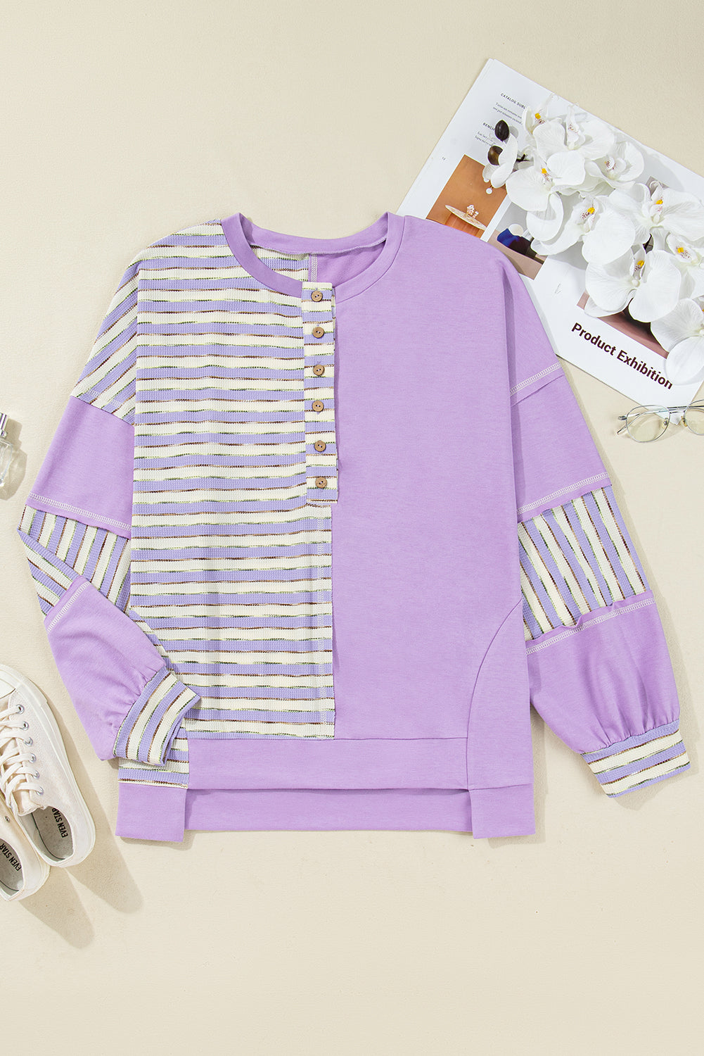Purple Stripe Patchwork Buttoned Drop Shoulder Plus Size Pullover-Plus Size/Plus Size Tops/Plus Size Long Sleeve Tops-[Adult]-[Female]-2022 Online Blue Zone Planet