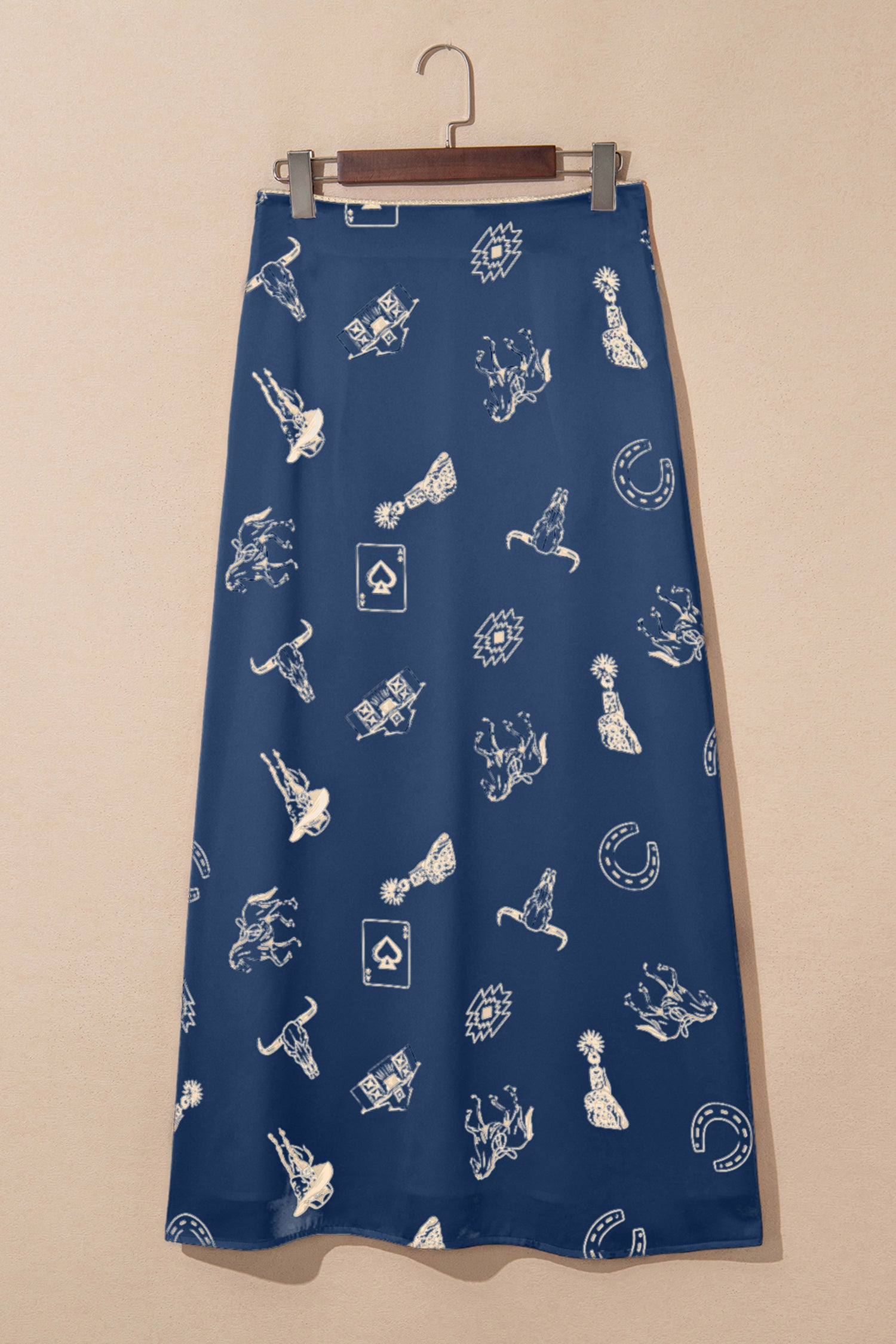 Navy Blue Western Print Satin Long Skirt-Bottoms/Skirts & Petticoat-[Adult]-[Female]-2022 Online Blue Zone Planet