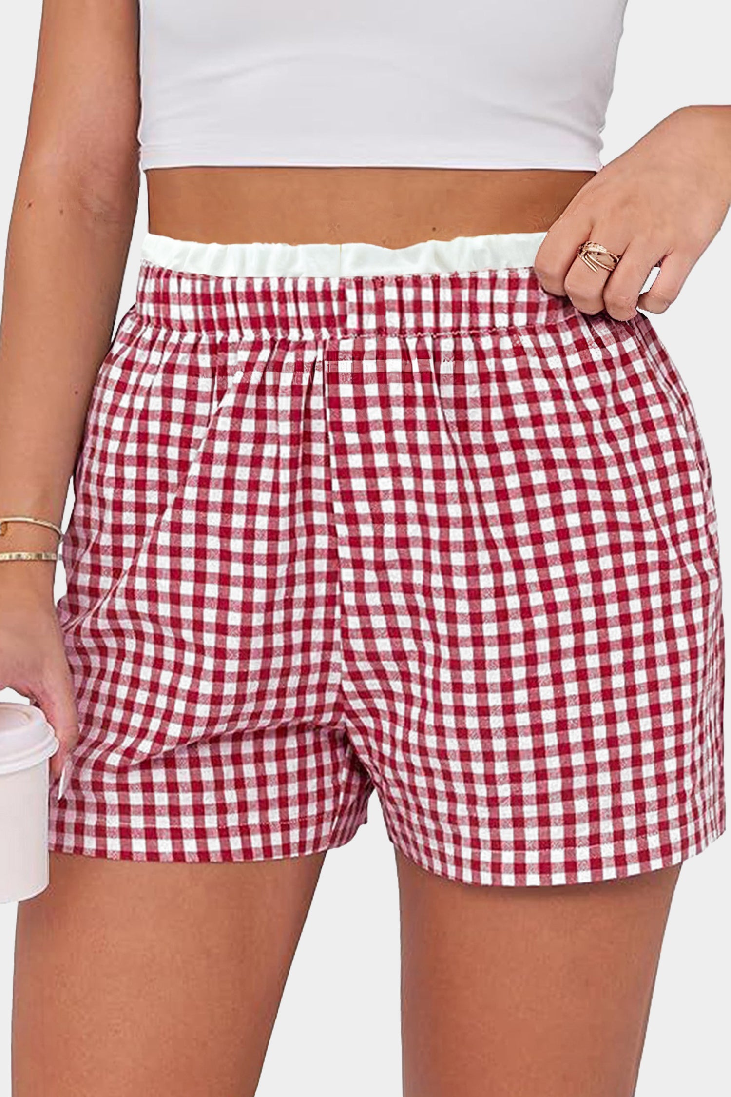 Green Contrast Trim Plaid Print Plus Size Shorts-Plus Size/Plus Size Bottoms-[Adult]-[Female]-2022 Online Blue Zone Planet