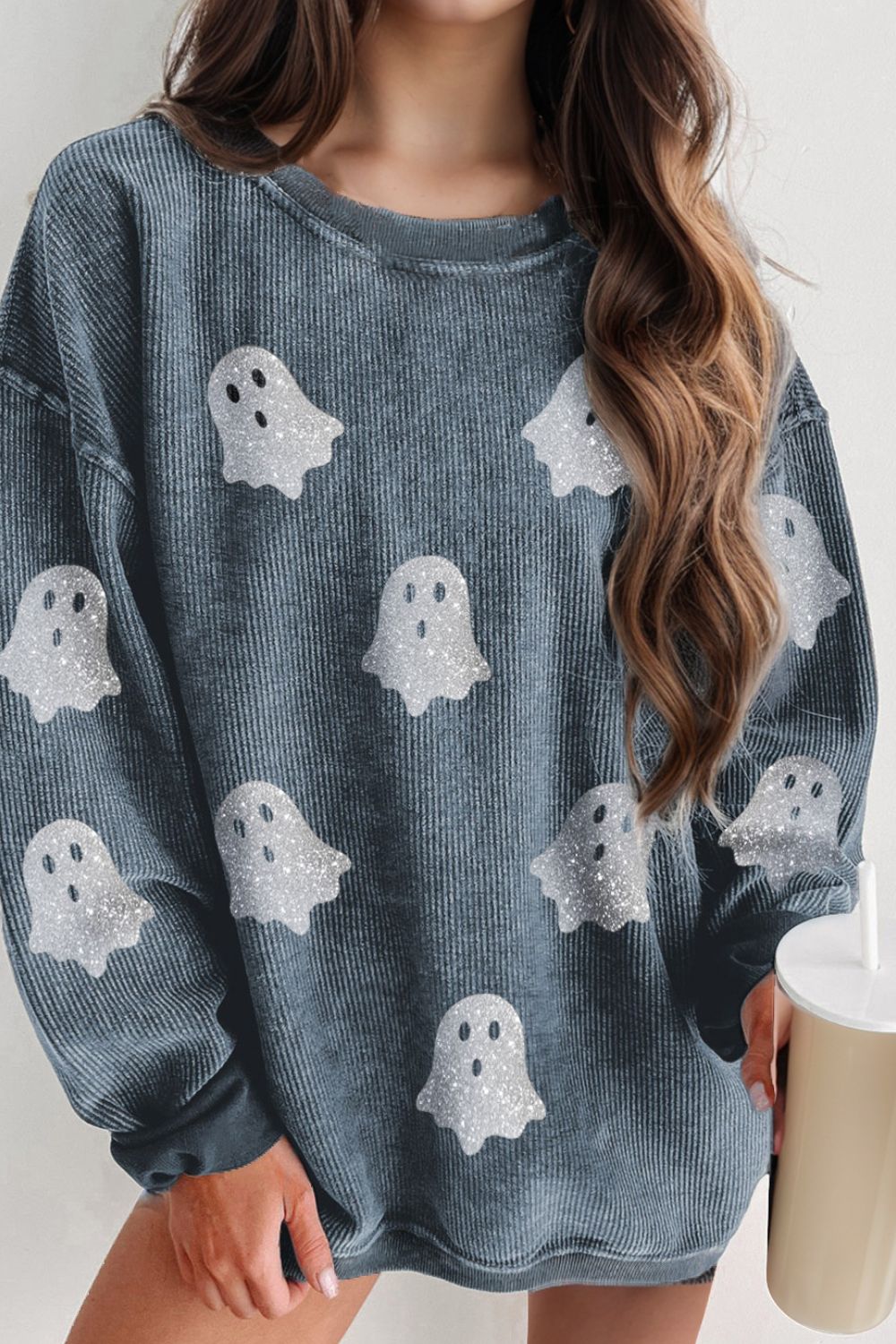 Glitter Ghost Round Neck Long Sleeve Sweatshirt-TOPS / DRESSES-[Adult]-[Female]-French Blue-S-2022 Online Blue Zone Planet