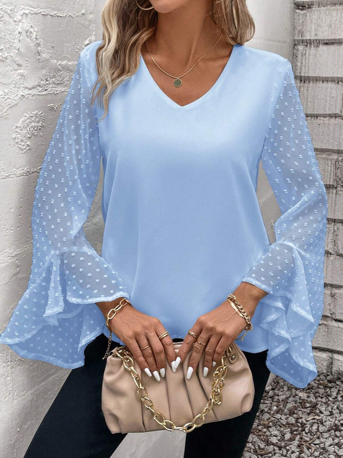 Swiss Dot V-Neck Flounce Sleeve Blouse-TOPS / DRESSES-[Adult]-[Female]-2022 Online Blue Zone Planet