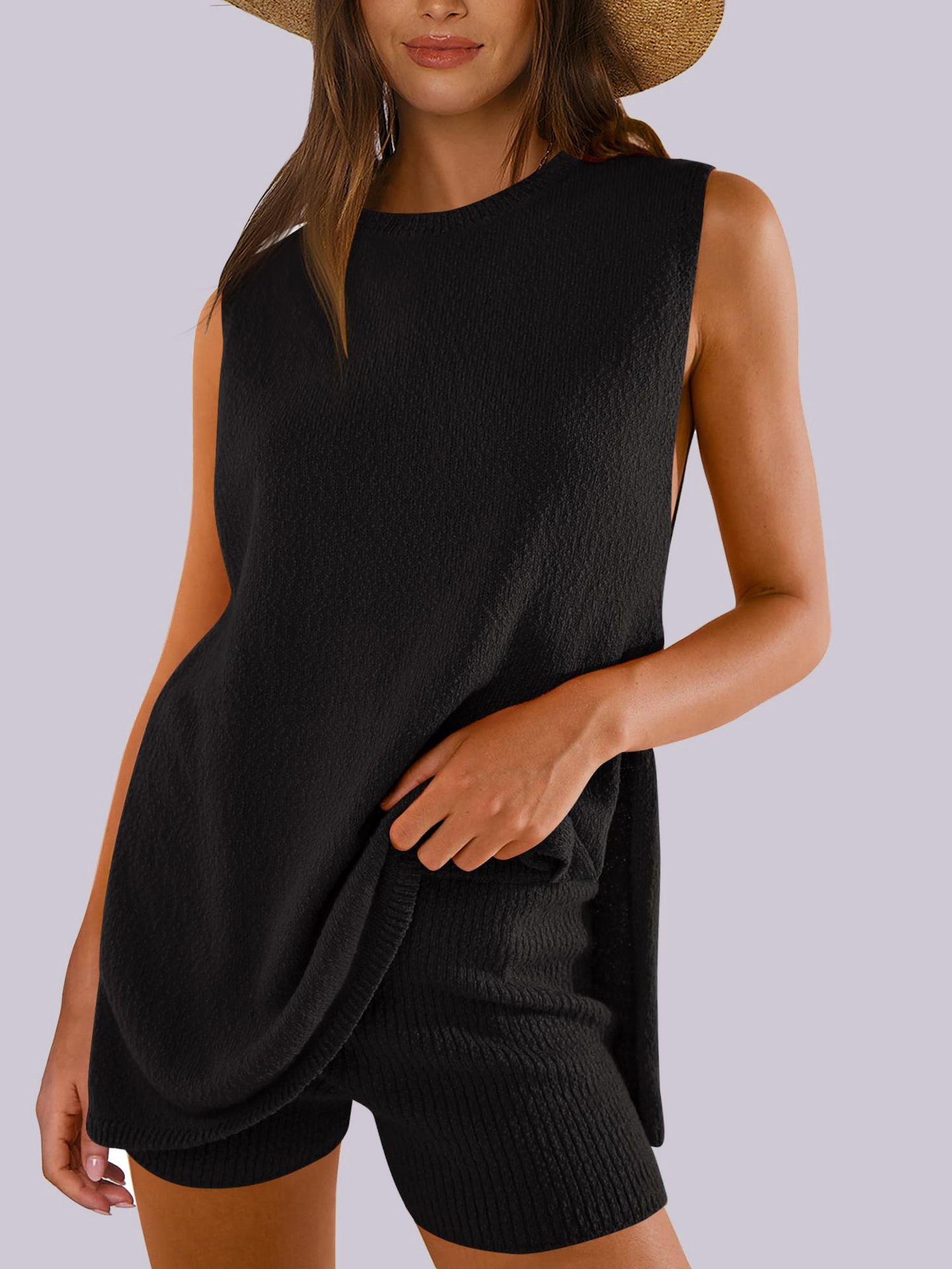 Blue Zone Planet | Mandy Side Slit Round Neck Tank and Shorts Sweater Set-TOPS / DRESSES-[Adult]-[Female]-Black-S-2022 Online Blue Zone Planet