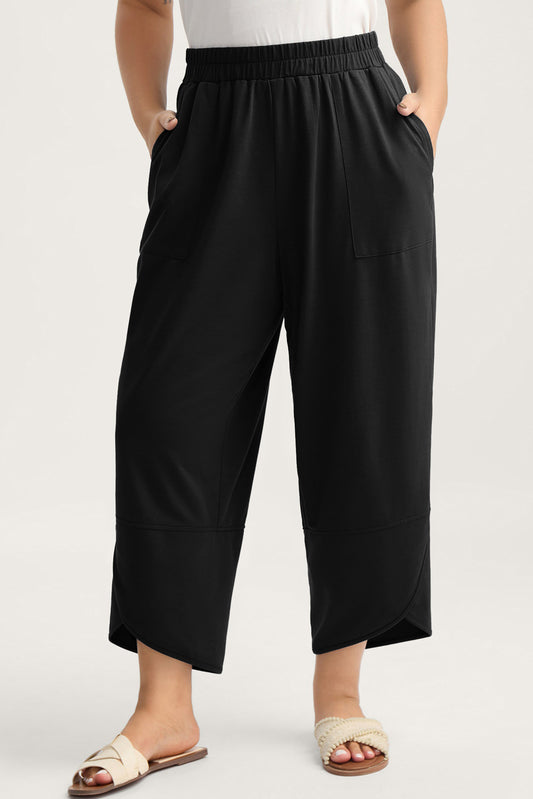 Black Plus Size Elastic Waist Asymmetrical Hem Loose Capris Pants-Plus Size/Plus Size Bottoms-[Adult]-[Female]-Black-L-2022 Online Blue Zone Planet