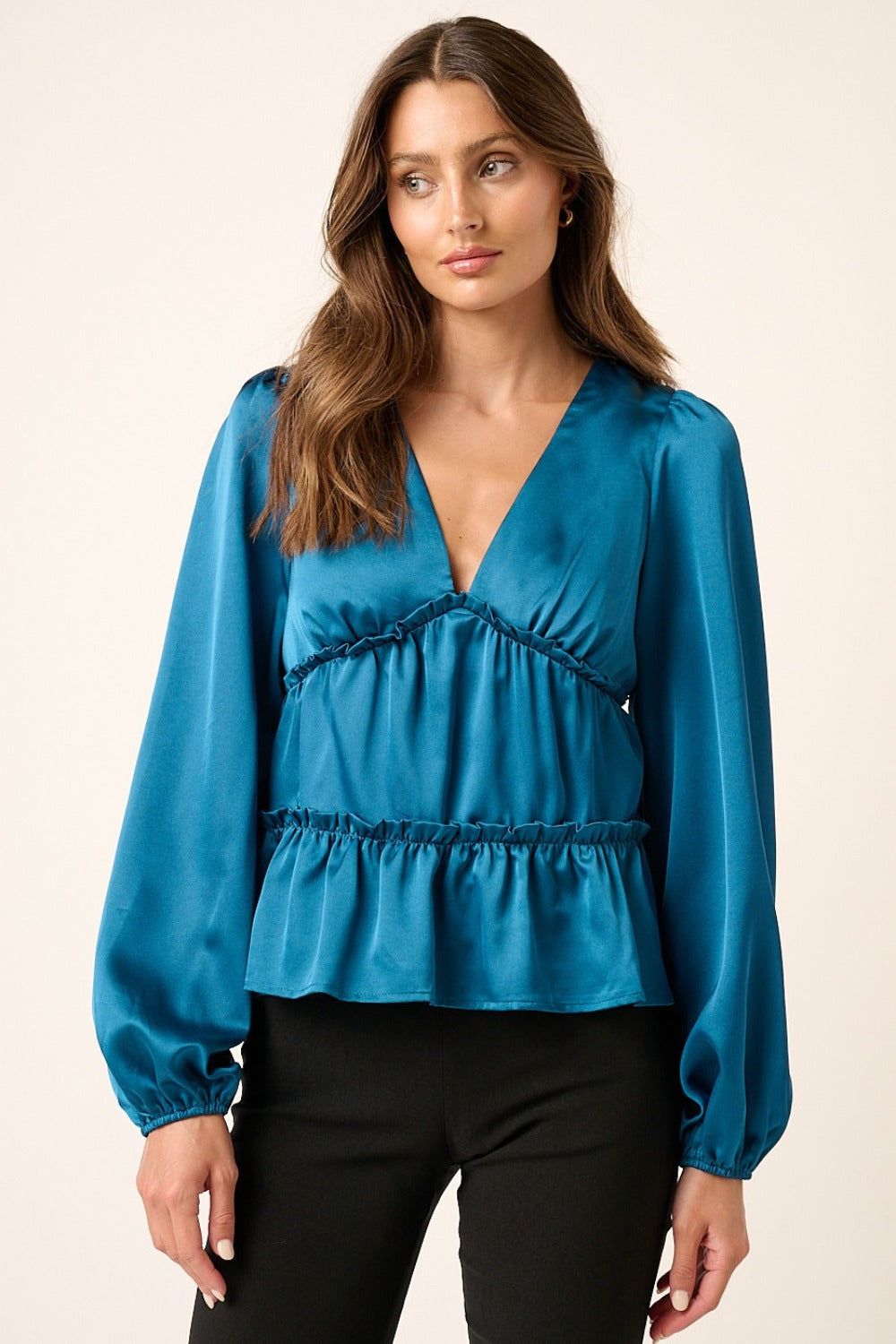 Mittoshop Satin V Neck Ruffled Tier Blouse-TOPS / DRESSES-[Adult]-[Female]-Teal-S-2022 Online Blue Zone Planet