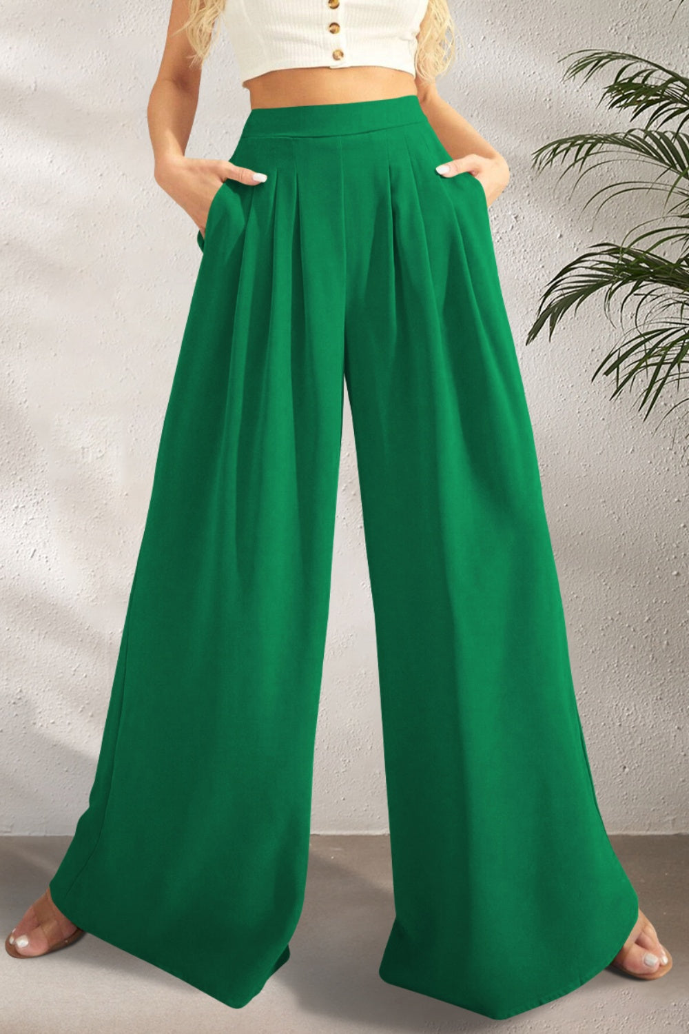 Blue Zone Planet | FAM-FAM High Waist Wide Leg Pants-BOTTOMS SIZES SMALL MEDIUM LARGE-[Adult]-[Female]-Green-S-2022 Online Blue Zone Planet