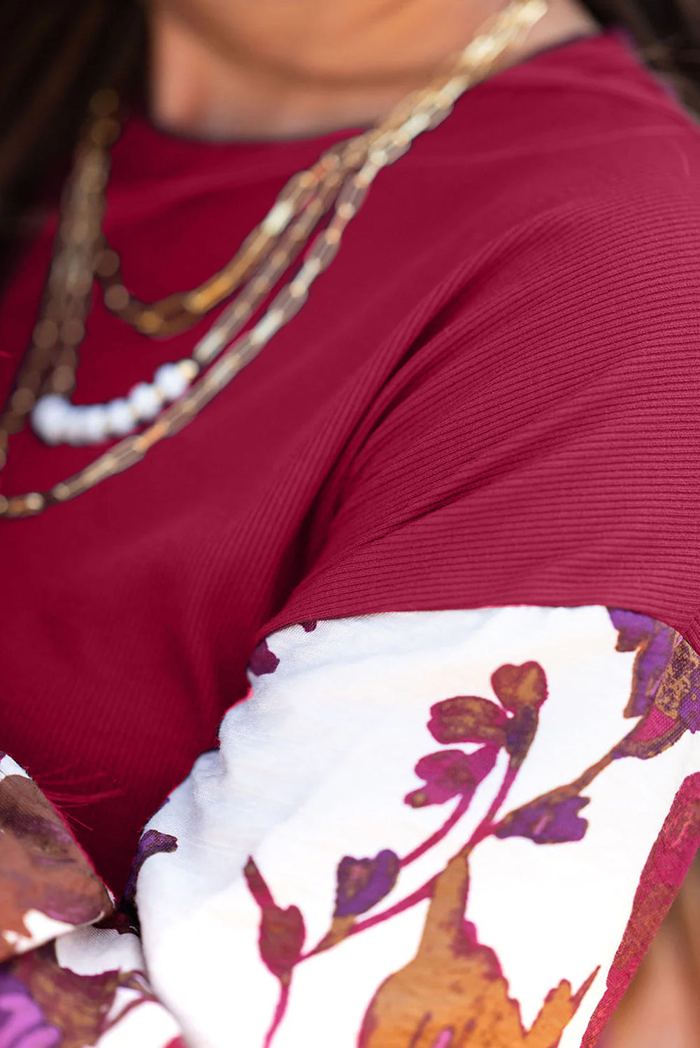 Wild Ginger Contrast Floral Sleeve Solid Ribbed Body Patchwork Long Sleeve Top-Tops/Long Sleeve Tops-[Adult]-[Female]-2022 Online Blue Zone Planet