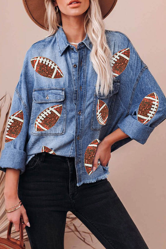 Raw Hem Sequin Football Long Sleeve Denim Jacket-TOPS / DRESSES-[Adult]-[Female]-Medium-S-2022 Online Blue Zone Planet