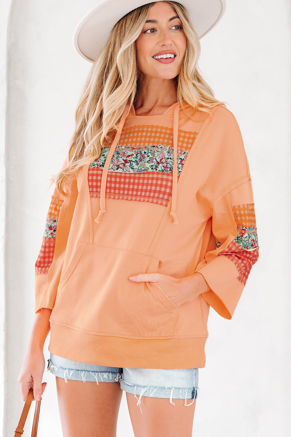 Grapefruit Orange Plaid Floral Patchwork Kangaroo Pocket Hooded Long Sleeve Top-Tops / Dresses-[Adult]-[Female]-2022 Online Blue Zone Planet