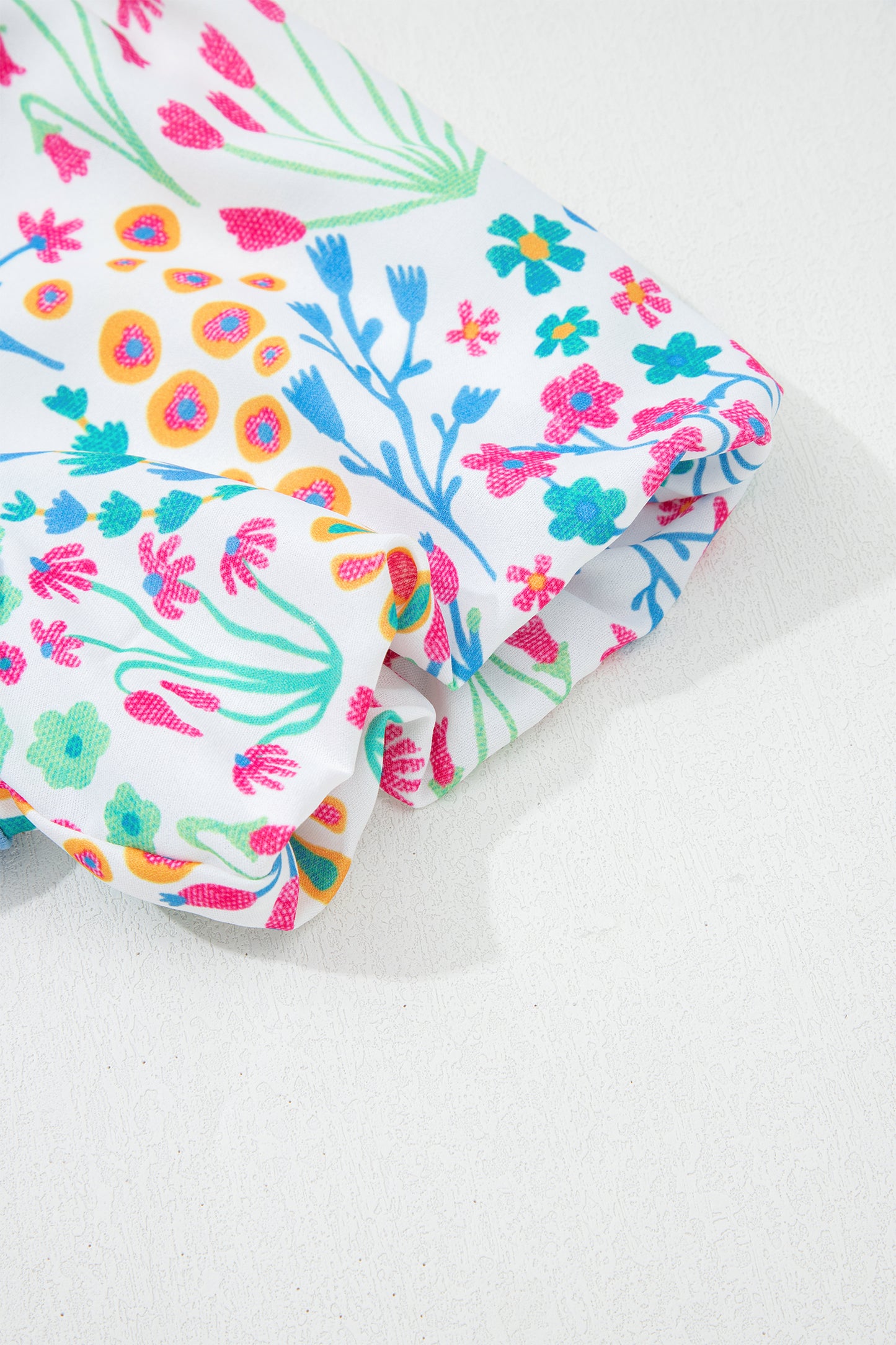 Light Blue Round Neck Textured Contrast Floral Bubble Sleeve Blouse-Tops/Blouses & Shirts-[Adult]-[Female]-2022 Online Blue Zone Planet