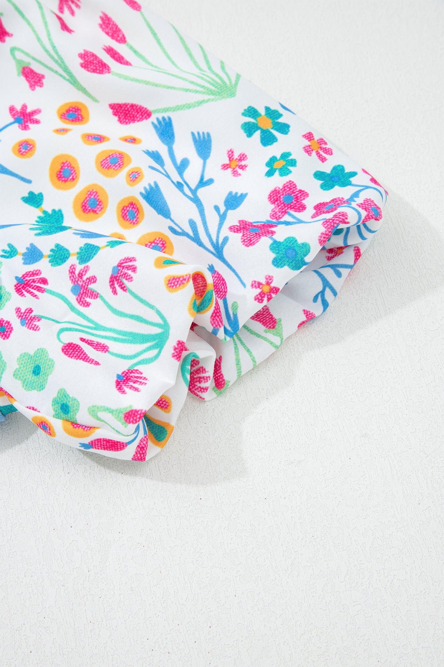 Light Blue Round Neck Textured Contrast Floral Bubble Sleeve Blouse-Tops/Blouses & Shirts-[Adult]-[Female]-2022 Online Blue Zone Planet