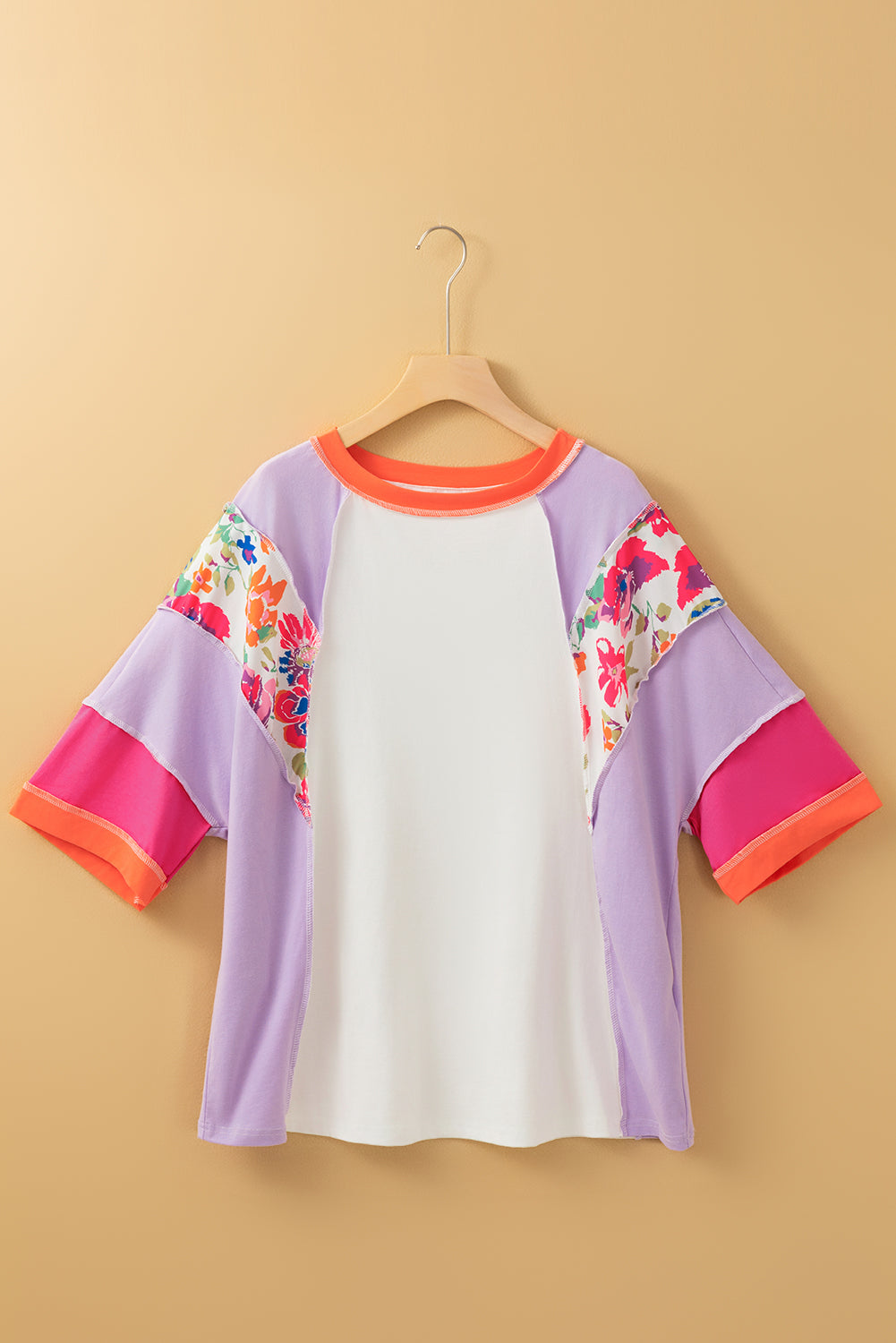 Blue Zone Planet | Sachet Pink Floral Color Block Patchwork 3/4 Sleeve Casual Blouse-Tops/Blouses & Shirts-[Adult]-[Female]-2022 Online Blue Zone Planet