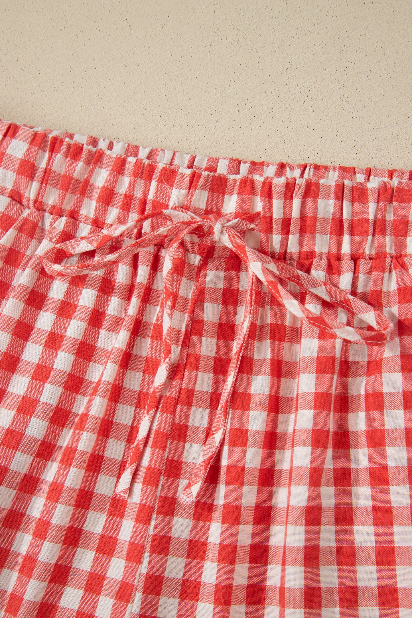 Red Gingham Plaid Tie Elastic Waist Lace Patchwork Hem Casual Shorts-Bottoms/Casual Shorts-[Adult]-[Female]-2022 Online Blue Zone Planet