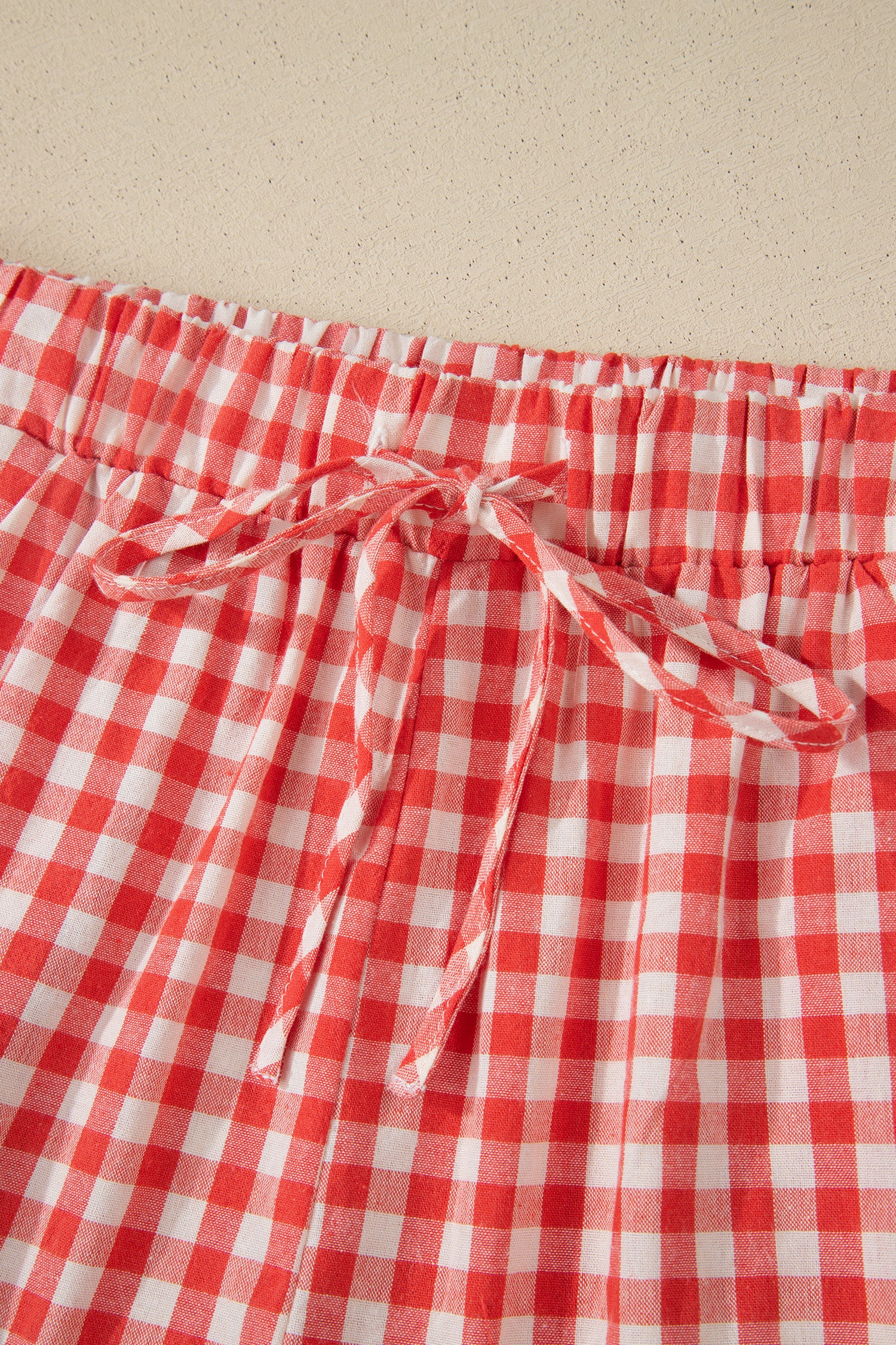 Red Gingham Plaid Tie Elastic Waist Lace Patchwork Hem Casual Shorts-Bottoms/Casual Shorts-[Adult]-[Female]-2022 Online Blue Zone Planet