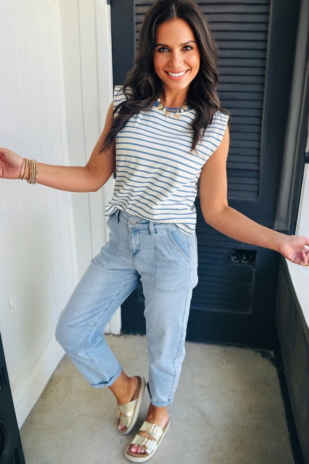 Beau Blue High Rise Barrel Relaxed Patch Pocket Jeans-Bottoms/Jeans-[Adult]-[Female]-2022 Online Blue Zone Planet