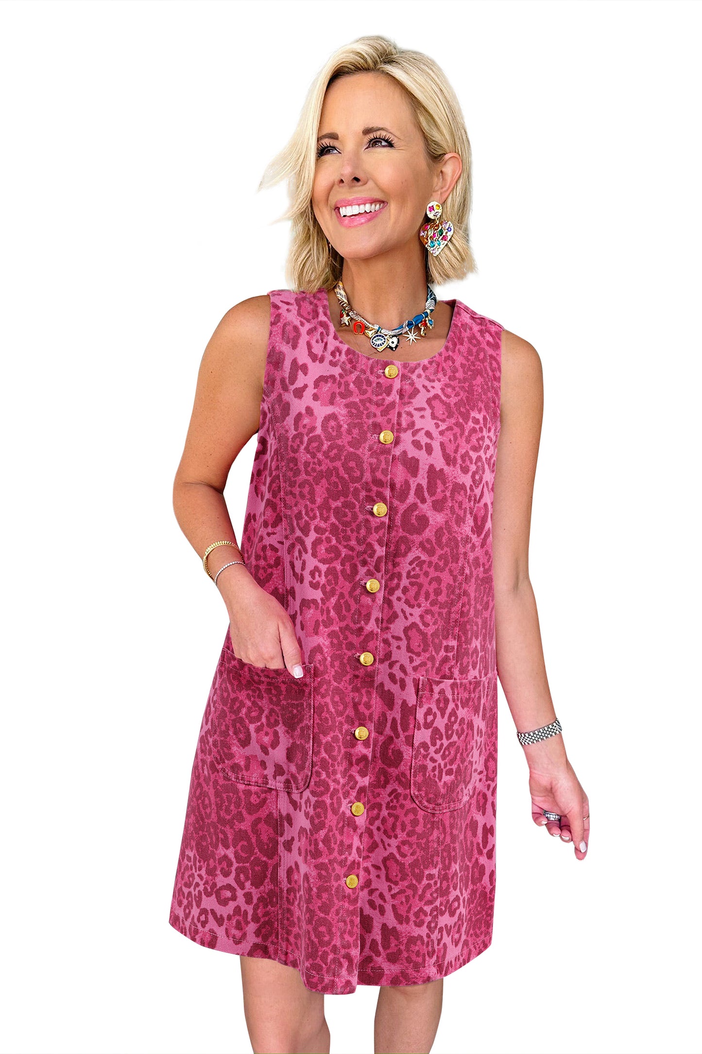 Pink Leopard Denim Buttoned Shift Sleeveless Dress-Dresses/Mini Dresses-[Adult]-[Female]-2022 Online Blue Zone Planet