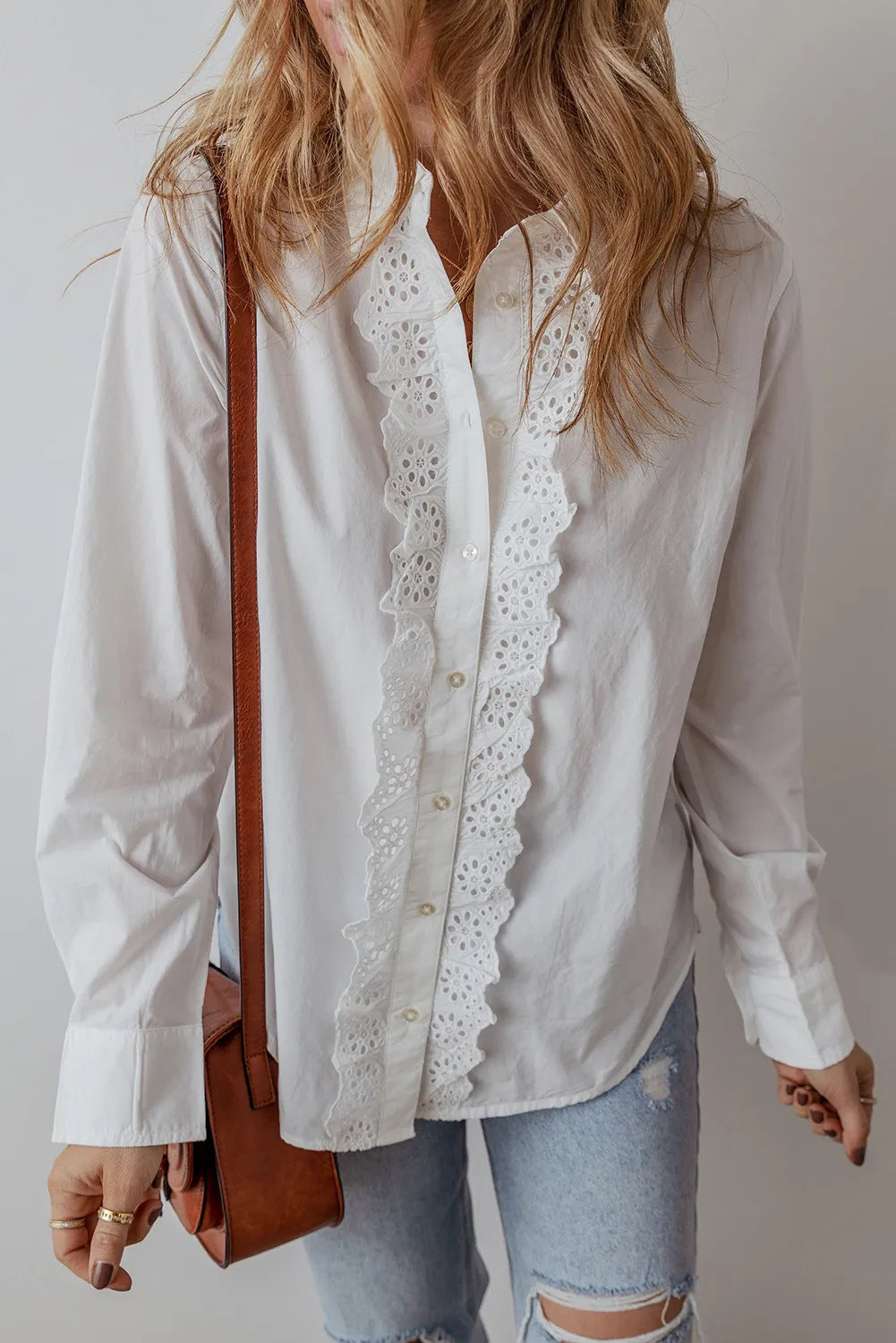 Eyelet Button Down Long Sleeve Shirt-TOPS / DRESSES-[Adult]-[Female]-2022 Online Blue Zone Planet