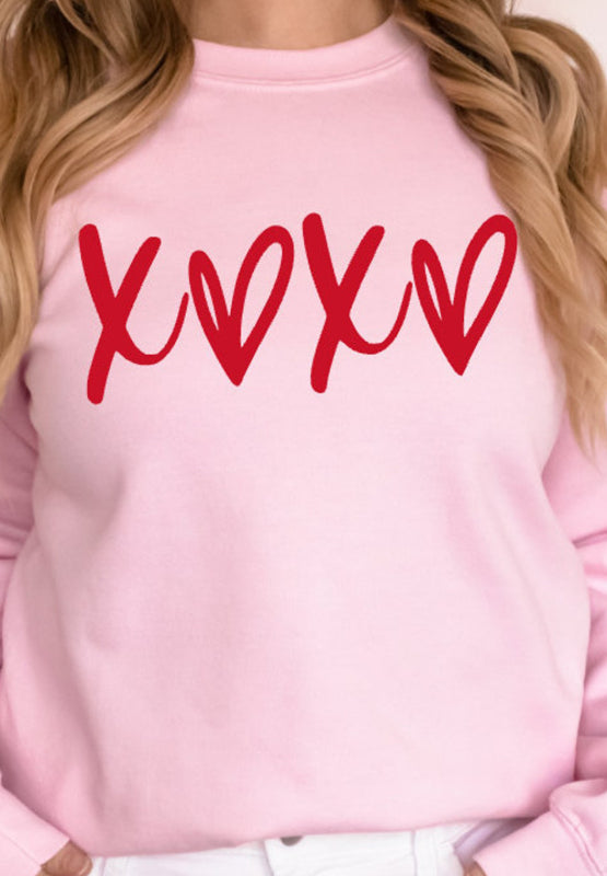 Valentine’s Day XOXO Round Neck Drop Shoulder Sweatshirt-TOPS / DRESSES-[Adult]-[Female]-2022 Online Blue Zone Planet