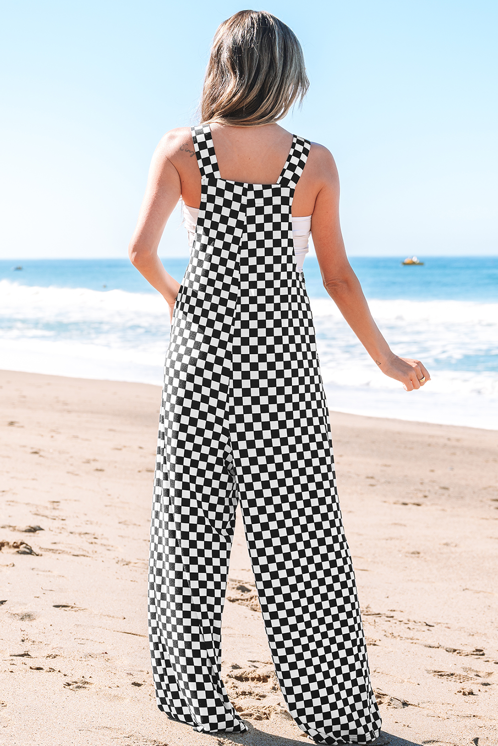 Blue Zone Planet | Black Checkered Print Pocketed Wide Leg Jumpsuit-Bottoms/Jumpsuits & Rompers-[Adult]-[Female]-2022 Online Blue Zone Planet