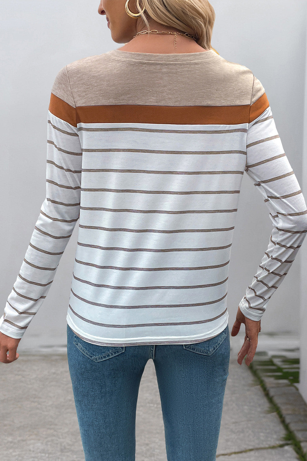 White Stripe Colorblock Long Sleeve Round Neck Tee-Tops/Long Sleeve Tops-[Adult]-[Female]-2022 Online Blue Zone Planet