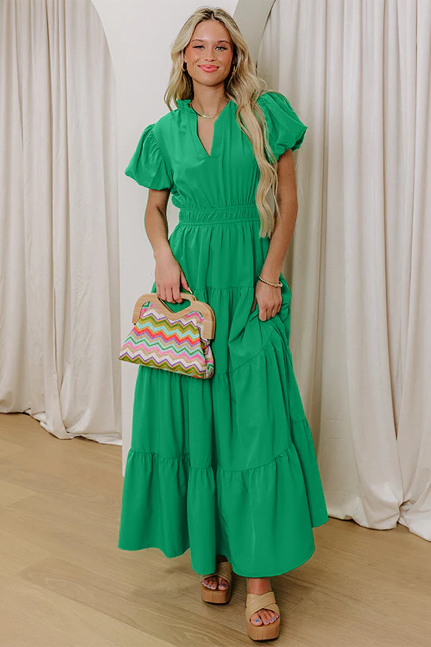 Bright Green Solid Color V Neck Short Puff Sleeve High Waist Tiered Ma – Blue Zone Planet