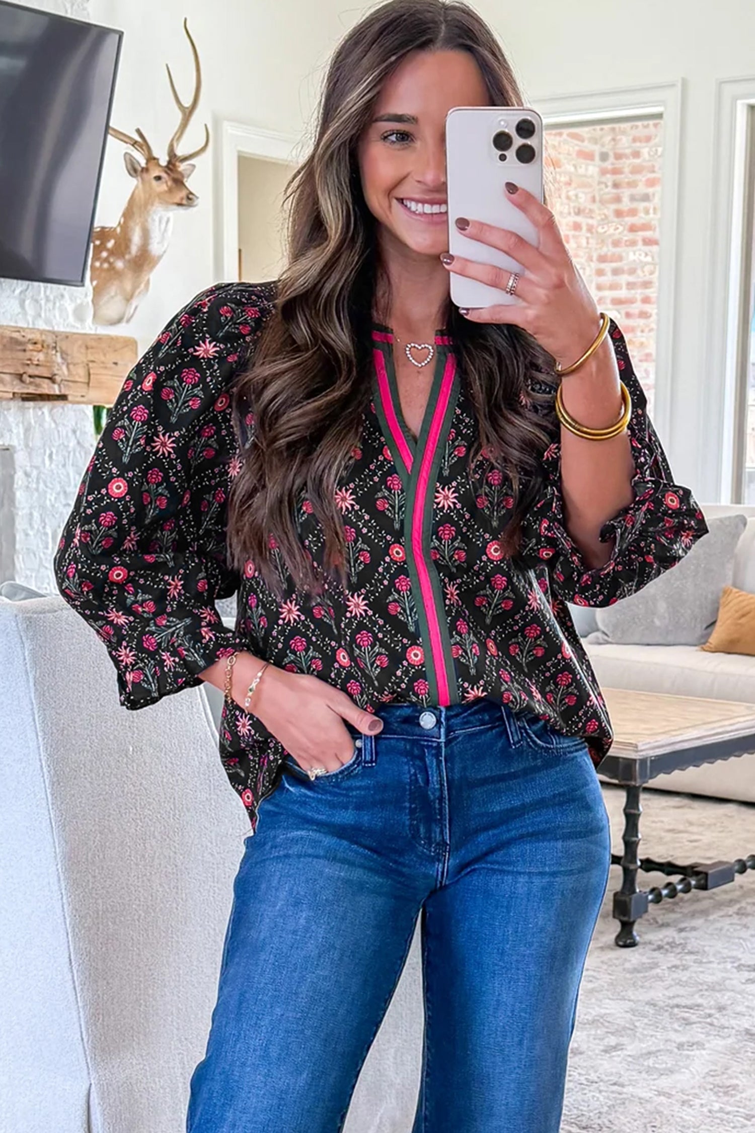 Black Contrast V Neckline Bracelet Sleeve Vintage Floral Blouse-Tops/Blouses & Shirts-[Adult]-[Female]-2022 Online Blue Zone Planet