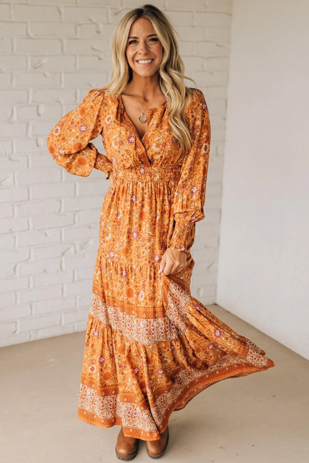 Orange Floral Print Smocked Waist Long Sleeve Boho Maxi Dress-Dresses/Floral Dresses-[Adult]-[Female]-2022 Online Blue Zone Planet