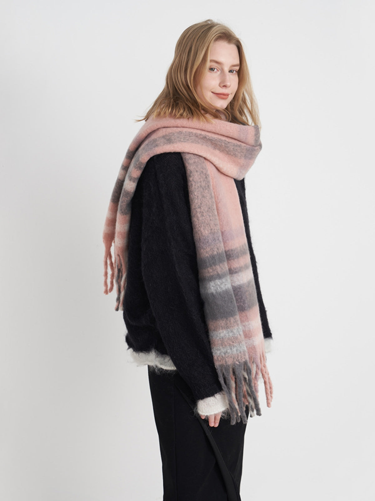 Fringe Plaid Polyester Scarf-SCARVES-[Adult]-[Female]-Pink/White/Gray plaid-One Size-2022 Online Blue Zone Planet