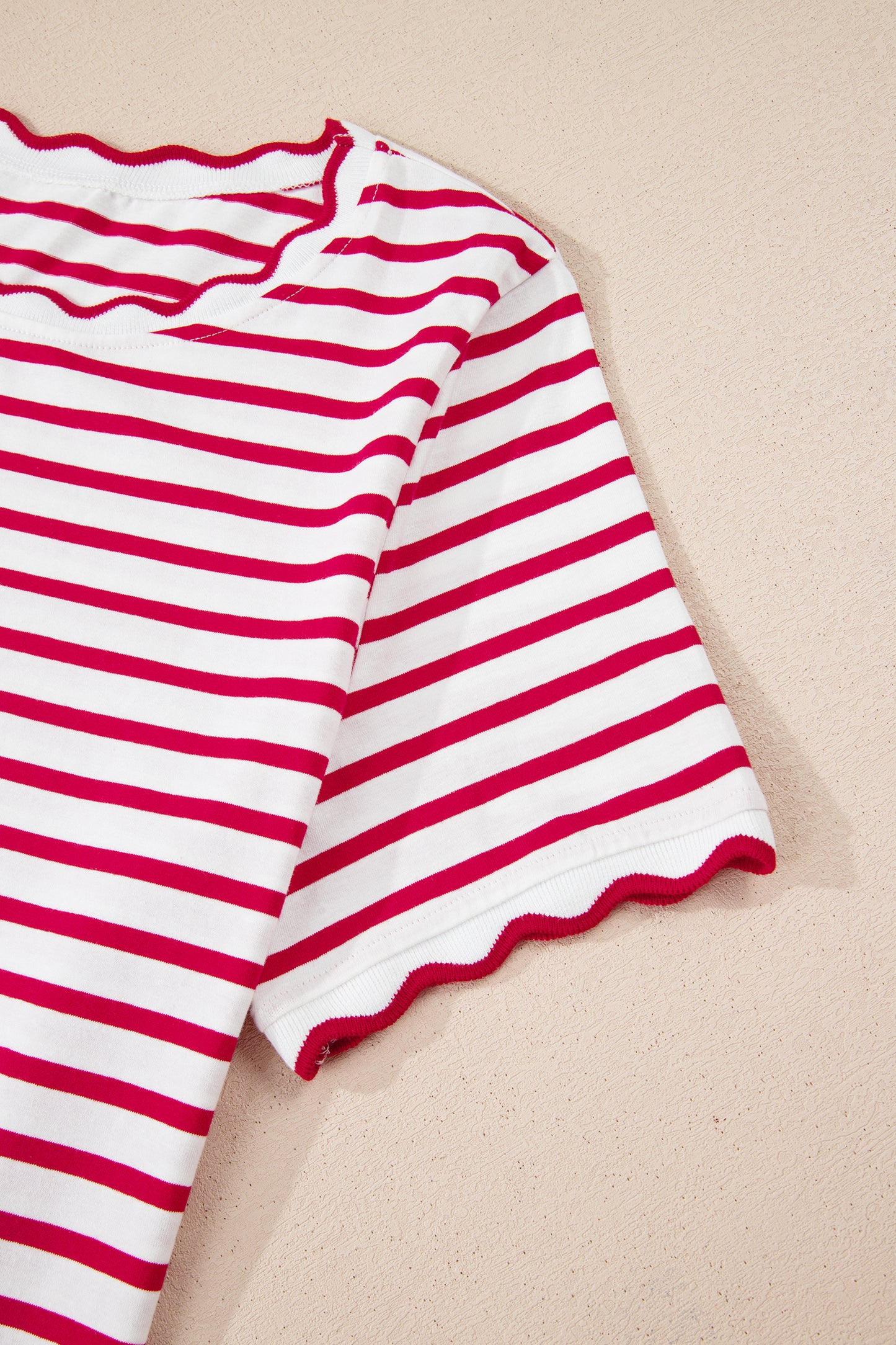 Red Stripe Scalloped Trim Round Neck T Shirt-Tops/Tops & Tees-[Adult]-[Female]-2022 Online Blue Zone Planet