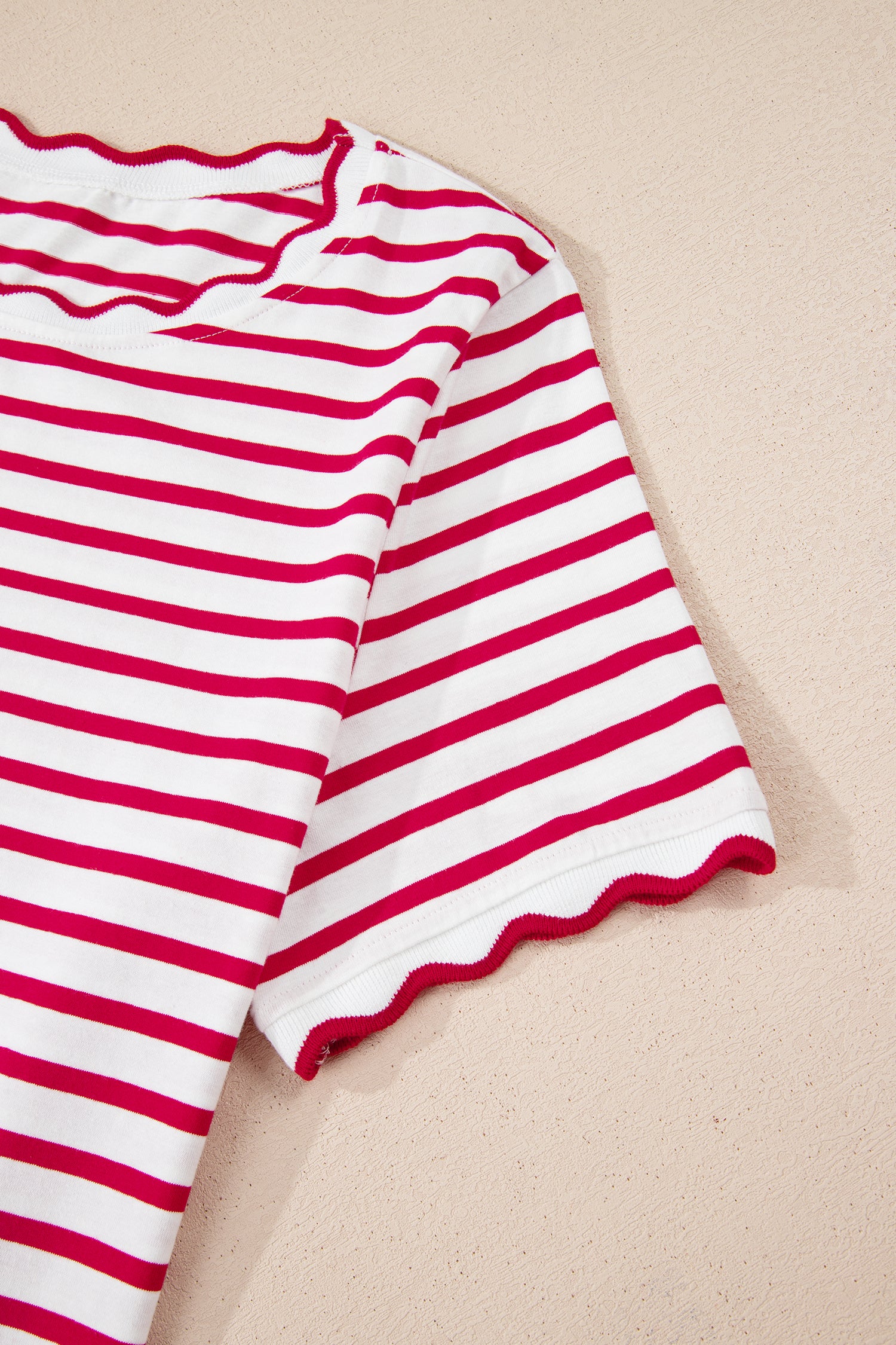 Red Stripe Scalloped Trim Round Neck T Shirt-Tops/Tops & Tees-[Adult]-[Female]-2022 Online Blue Zone Planet