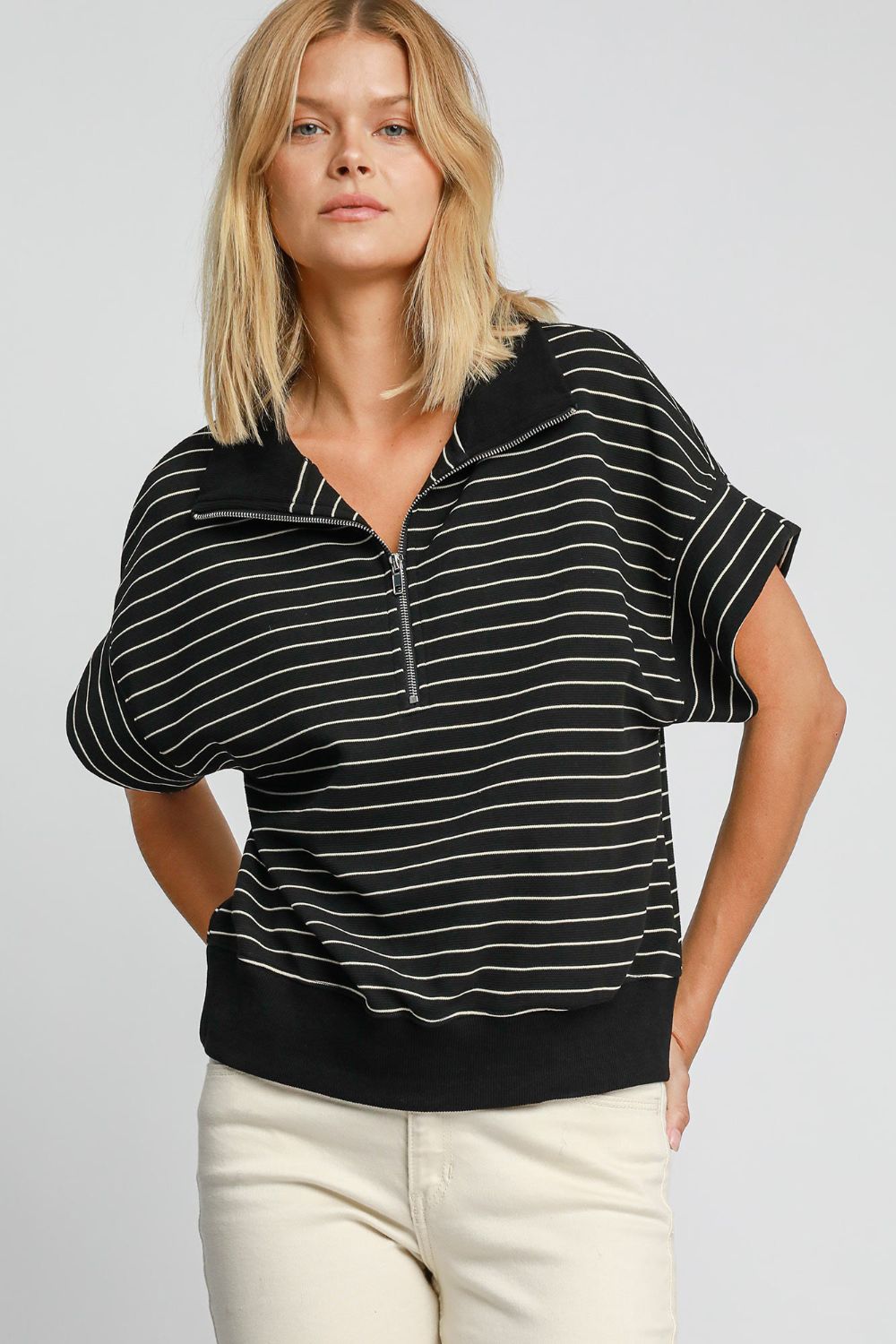 Umgee Striped Half Zip Short Sleeve Sweatshirt-TOPS / DRESSES-[Adult]-[Female]-Black-S-2022 Online Blue Zone Planet