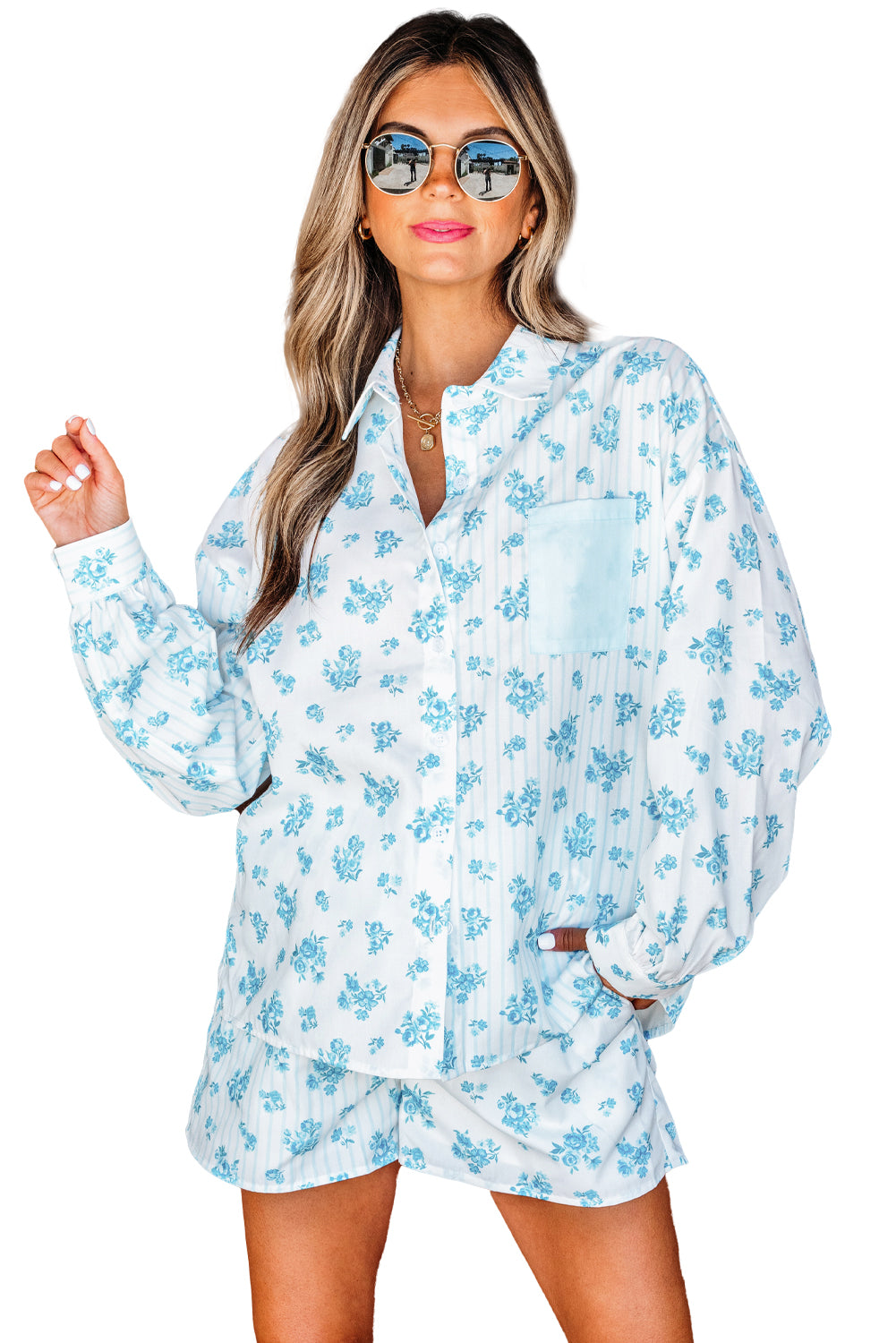 Sky Blue Floral Striped Print Contrast Patched Pocket Shirt and Shorts Set-Two Piece Sets/Short Sets-[Adult]-[Female]-2022 Online Blue Zone Planet