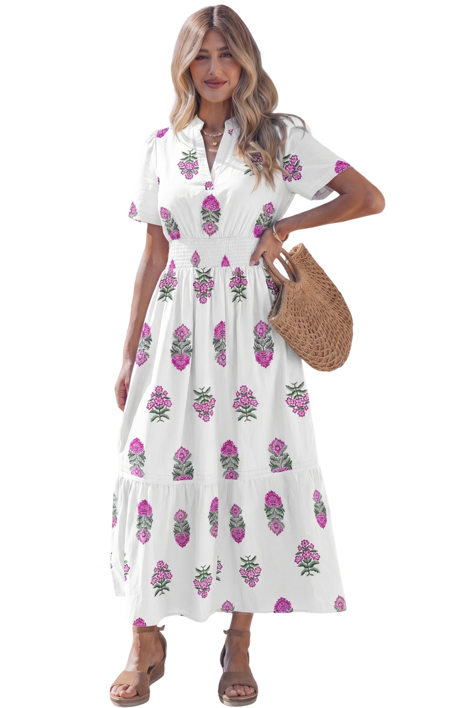 White Floral Print Split Neck Shirred High Waist Ruffle Hem Maxi Dress-TOPS / DRESSES-[Adult]-[Female]-2022 Online Blue Zone Planet